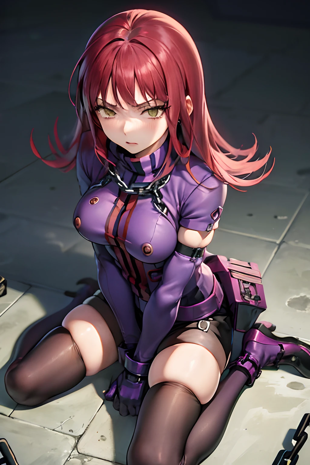 masutepiece, Best Quality, absurderes, Perfect Anatomy, 1girl in, Solo, Yoko Katori, Long hair, purple thighhighs, elbow groves, Purple gloves, Black shorts, uniform, thigh holster, Kneeling, embarassed expression、((Caught in chains))