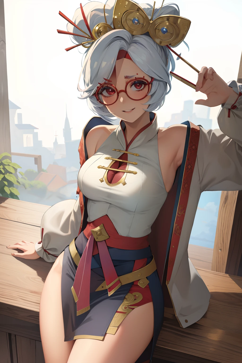 masterpiece, best quality, purah, seductive, red glasses, hair ornament, white jacket, sleeveless shirt, black skirt, upper body, from above, looking at viewer, smile, furrowed brow, rustic village