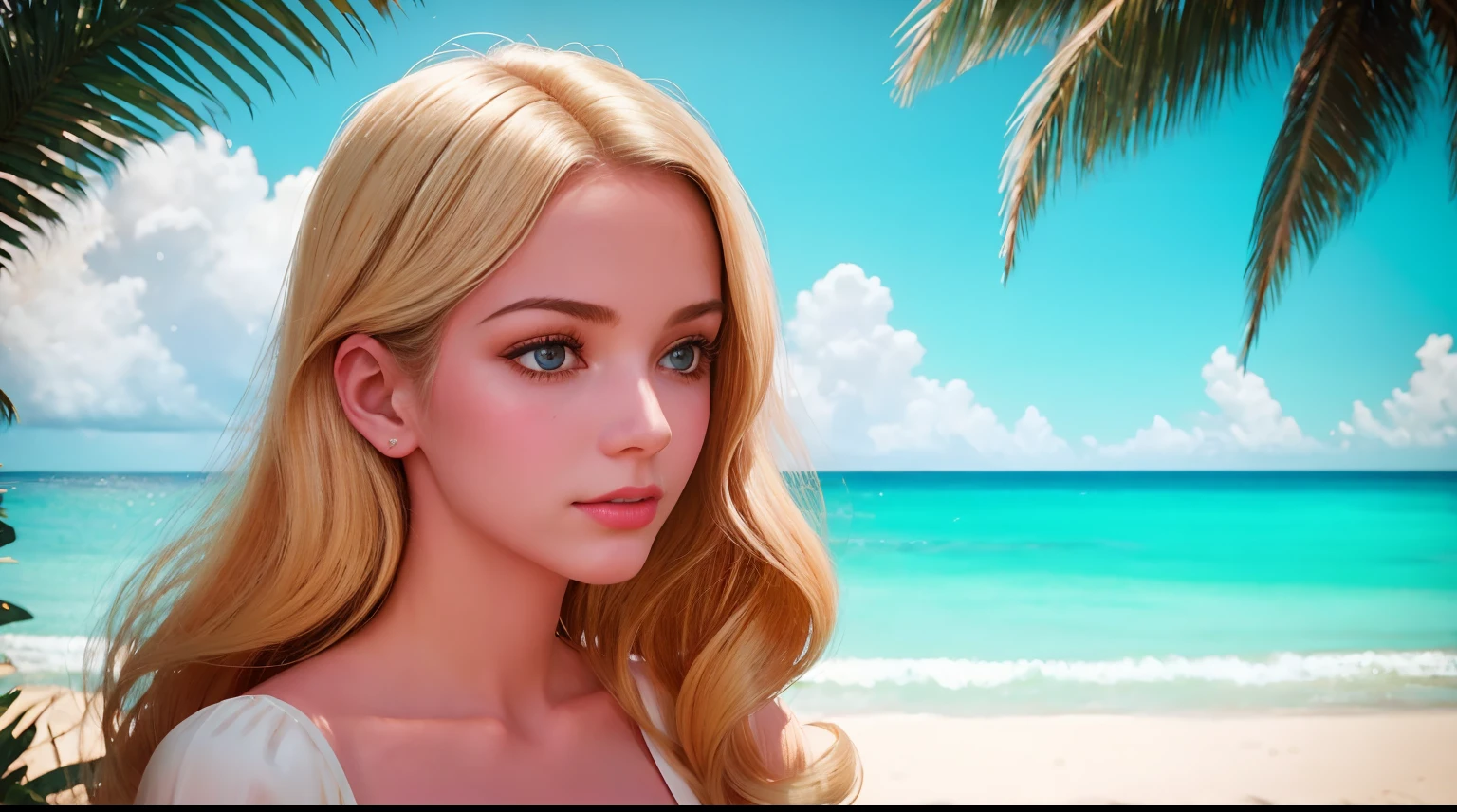 Art deco style poster featuring an elegant, poised blonde woman, her hair cascading in perfect waves, complexion as pure as fresh snow, in the suggestive tropical milieu of Cuba, coconut palms swaying in the distance, vintage pastels, high contrast, glossy texture, Havana vibes, 1950s fashion, ultra clear, feminine allure, sharp edges, geometric patterns, nostalgia-kissed colors