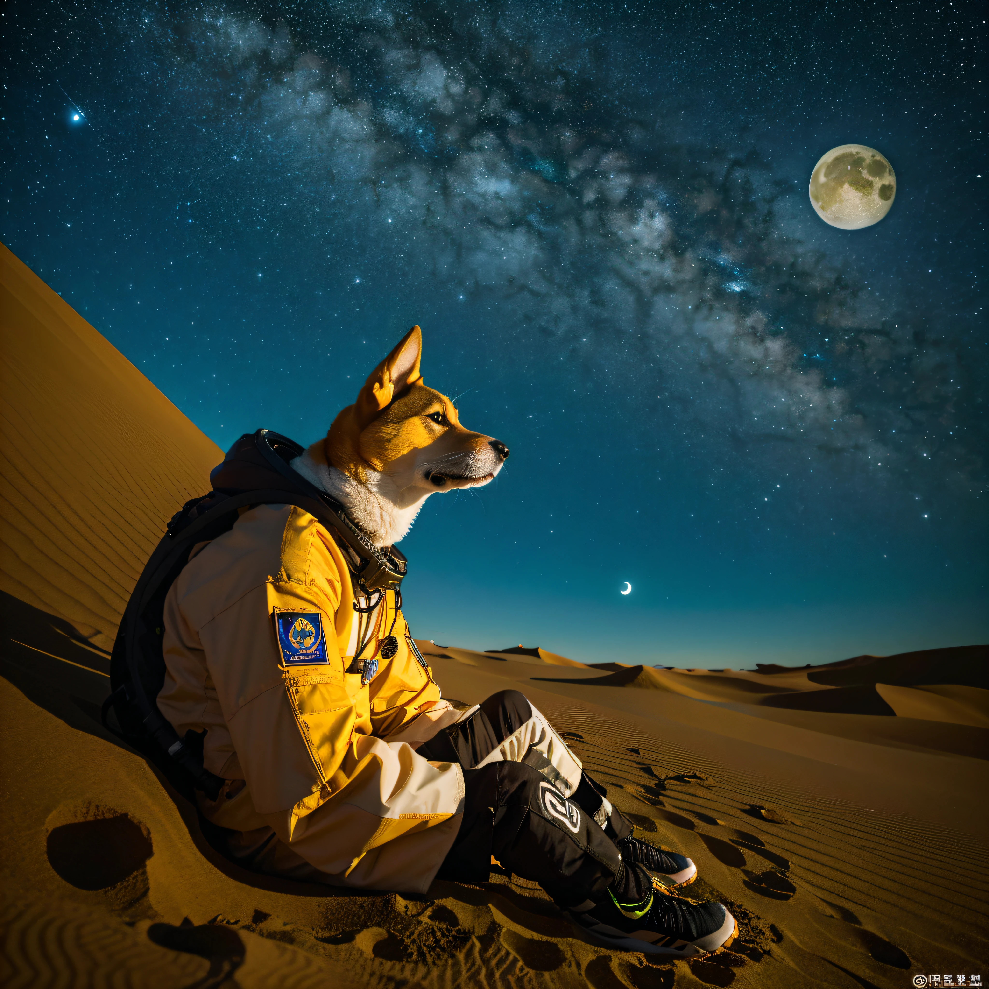 (the best quality, ultra-detailed), (realistic, photorealistic:1.37) A Shiba Inu astronaut sitting on a sand dune, gazing at the moon, inspired by the Shibuya Crossing, with Dože and Dože's shark, in a portrait of a Shiba Inu astronaut, on the lunar surface, heading towards the moon, in the style of No Man's Sky.