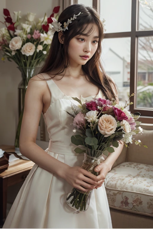 a close up of a woman holding a vase of flowers, with flowers, magazine photo, by Ayami Kojima, official artwork, jinyoung shin, with frozen flowers around her, by Ni Tian, dilraba dilmurat, jaeyeon nam, cynthwave, hwang se - on, mackenzie foy, by Zhang Han, park ji-min, by Jin Nong