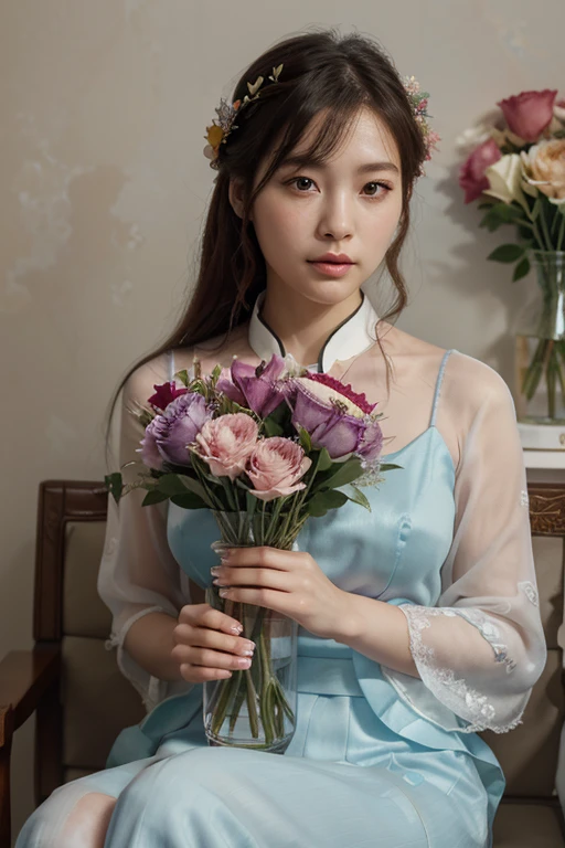 a close up of a woman holding a vase of flowers, with flowers, magazine photo, by Ayami Kojima, official artwork, jinyoung shin, with frozen flowers around her, by Ni Tian, dilraba dilmurat, jaeyeon nam, cynthwave, hwang se - on, mackenzie foy, by Zhang Han, park ji-min, by Jin Nong