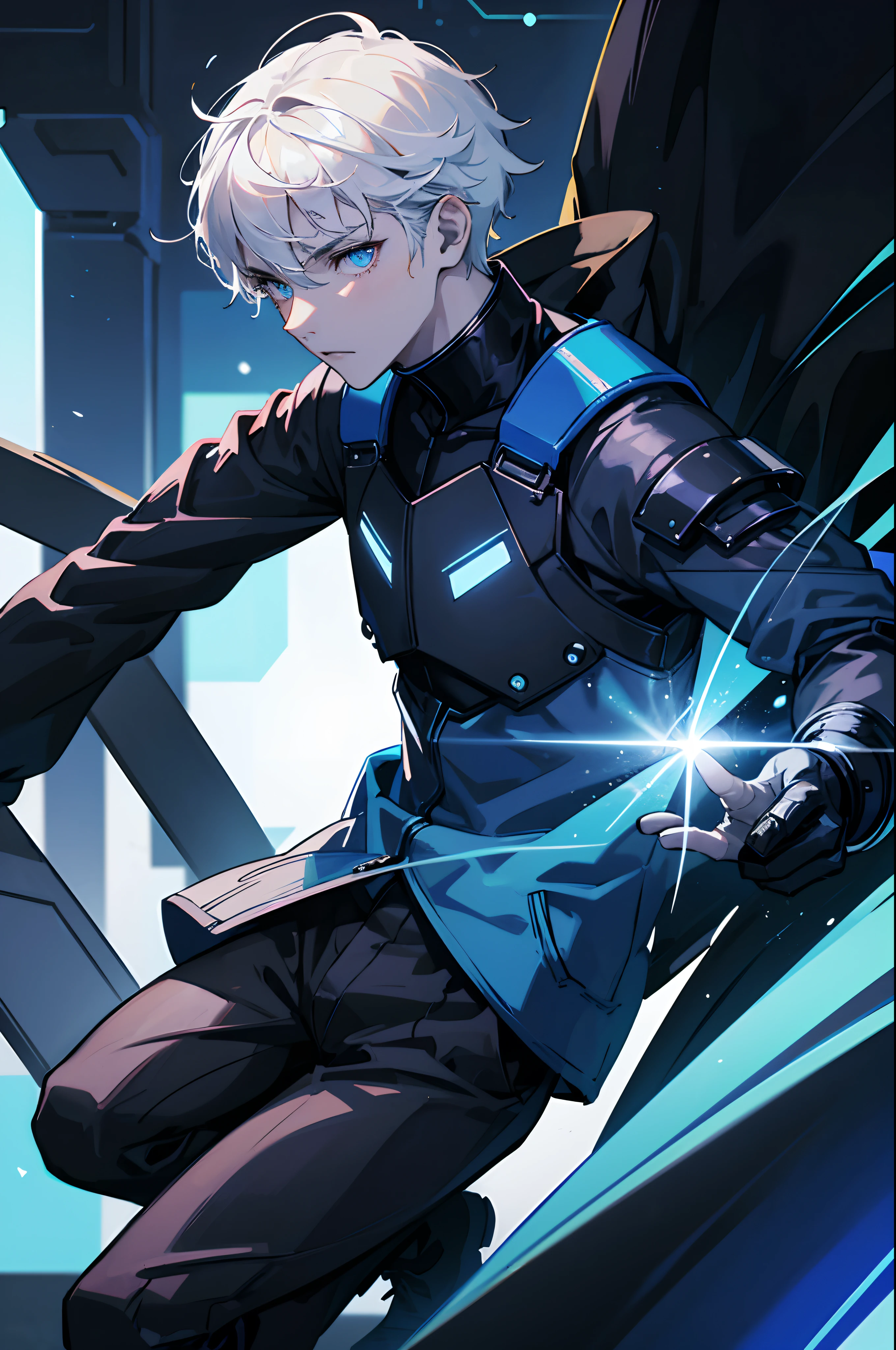 A -yeld te boy, a boy engineer and artificer, robot boy, pale skin tone, without a beard, without a goatee, no facial hair, no body hair, white hair color, straight hair, pointed ears, futuristic black and blue jacket, cyberpunk black and blue clothes, robotic mixed with organic, silver haired boy, futuristic powers, laser powers