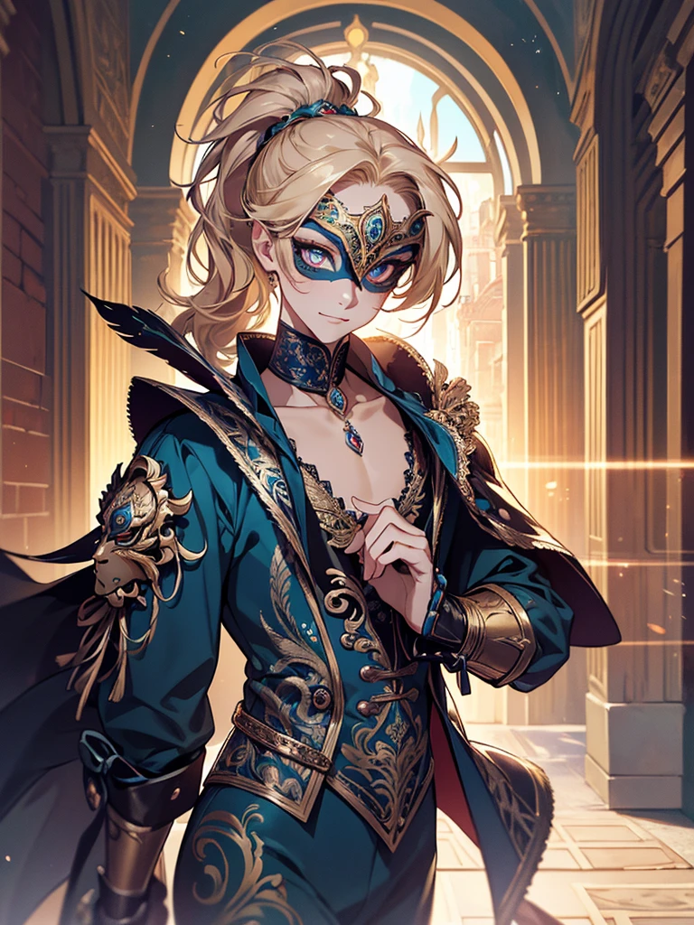 (masterpiece, absurdres, highres, ultra detailed), 1man, wavy blonde hair, blue eyes, ponytail, perfect face, male focus, femboy, flat chest, bulge, androgynous, detailed eyes and face, slight smile, full body shot, cowboy shot, masquerade, carneval, (venetian mask:1.2), vibrant peacock feathers, intricate, elegant, highly detailed, digital painting, artstation, smooth, sharp focus, illustration, illuminated lines, outrun, vaporware, intricate venetian patterns, fantasy outfit, sensual curves, bare collarbones, trending on pixiv, highest quality, particles, god rays, moonlight, moody, emotional, photon mapping, realistic shadows,