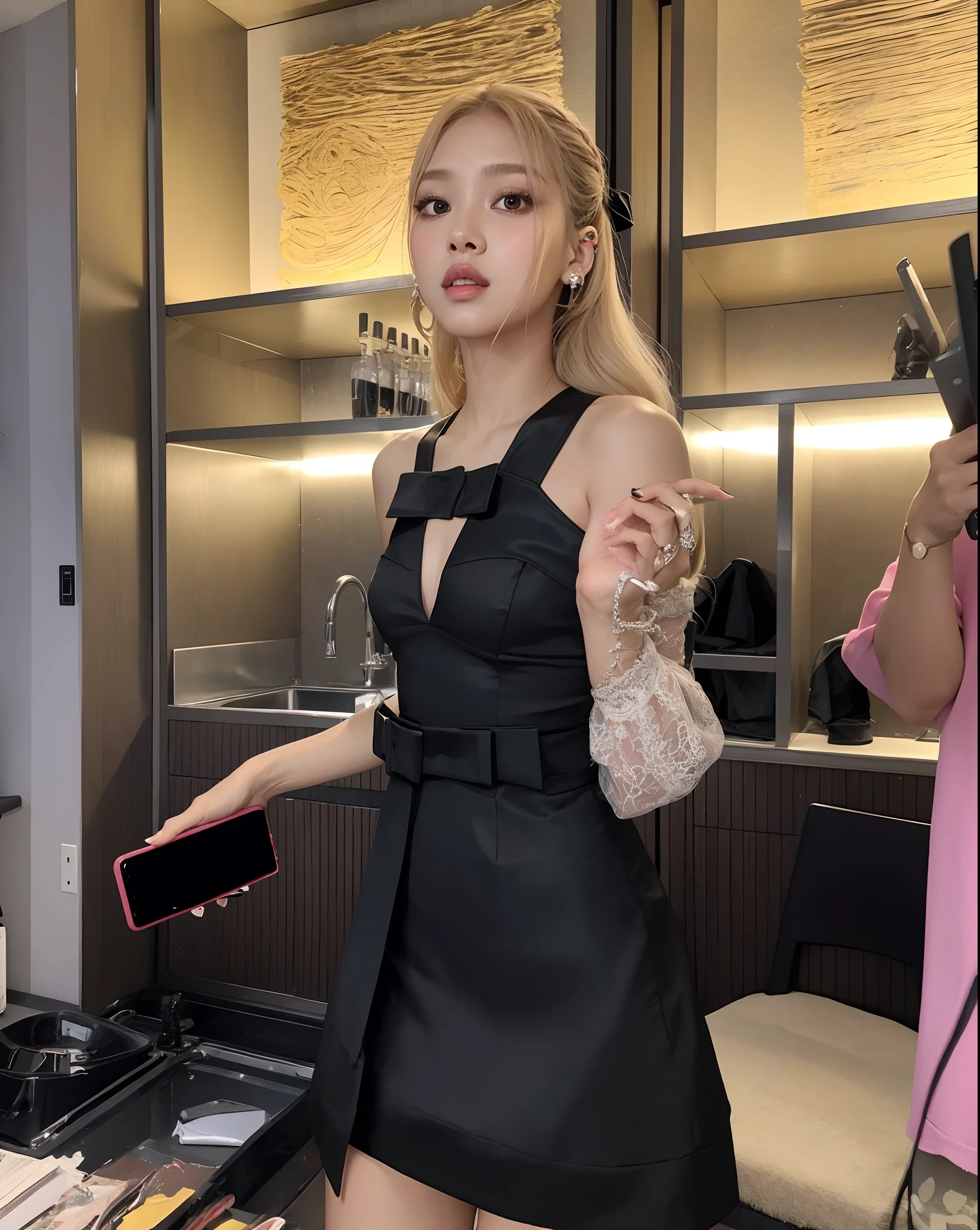 Mulher loira no vestido preto segurando um telefone celular e um secador de cabelo, Parque Roseanne do Blackpink, Cl, jossi do rosa preto, jia, Sha Xi, estilo tiffany, gemma chen, Bae Suzy, brilhante da chuva, she is wearing a black dress, Dom Yunjoo, rosa preto, jennie rosa preto, Lv, roupa cara, TaeJune Kim, Gongbi