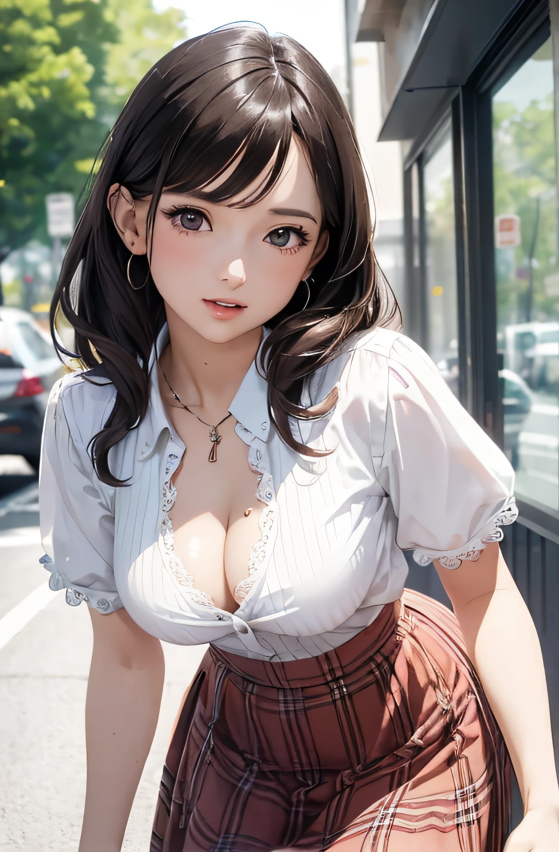 girl in summer clothes, white blouse, tight plaid skirt, making as if she wants to kiss you, (girl bending down looking at camera), medium breasts, cleavage, random background, flirtatious look, ((very detailed)), (perfectly detailed face), (well detailed hand) photorealistic image.