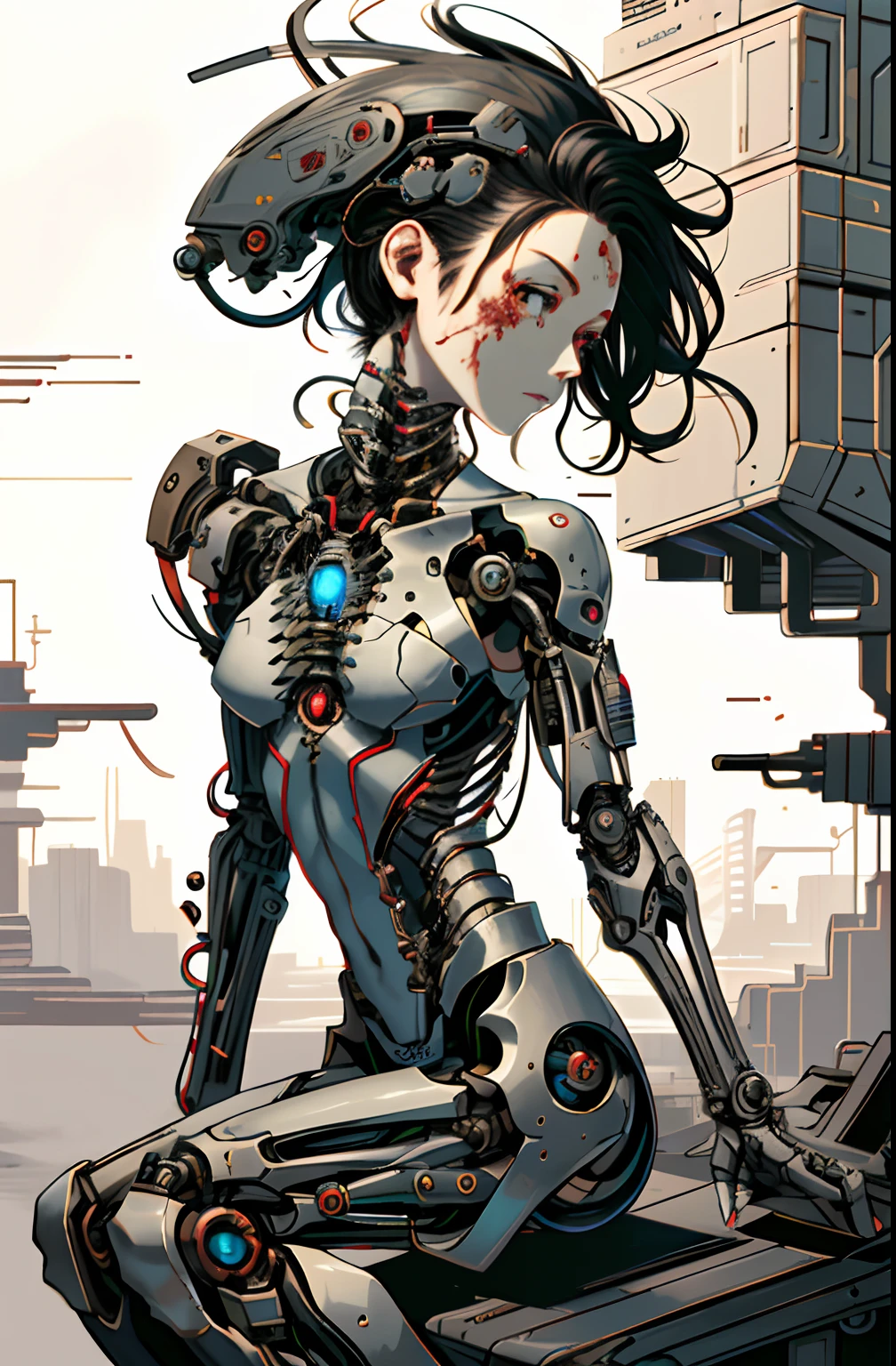 arafed woman sitting on a machine with blood on her body, cracked. biomechanical cyborg, biomechanical oppai, broken beautiful female android!, cyborg - girl, cyborg girl, beutiful girl cyborg, beautiful cyborg girl pinup, translucid. biomechanical cyborg, cyberpunk cyborg. roses, red biomechanical details