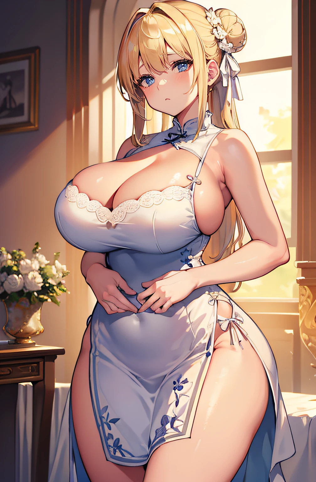 masterpiece, best quality, finely detailed, high resolution, extremely delicate and beautiful, Volumetric Lighting, Best Shadows, Shallow Depth of Field, 1girl, blonde, (huge breasts), Double Hair Bun, (china dress), (cleavage), pelvis curtain, (wide hips)
