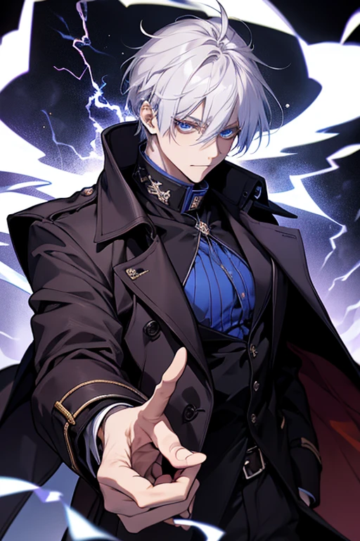 1 20-year-old boy, Aura, bilibili, black_Background, Blue_Eyes, Blue_Fire, Blurry, cigarettes, Coat, krystal, Electricity, energy, blazing, _Bland_Eyes, High_Collar, Holding, Holding_cigarettes, Lightning, Long_Sleeves, up looking_big breasts and big breasts_peeping at the viewer, magic, Man's_Focus, purple_Coat, It features a simple_Background, Solo, The upper part of the body_Body, White_