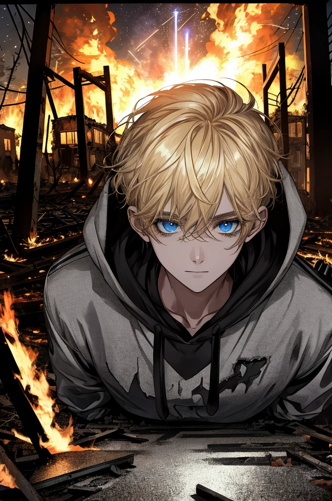 Masterpiece, High quality, absurderes, of a guy, Blonde hair, Detailed eyes and face, Blue eyes, Handsome face, Black hoodie, Burning town ruins, Abandoned suburban town, meteor shower, At night, chaos, Panic, Apocalyptic atmosphere, There were fires everywhere, Cracked roads, Burning flames, a hood on part of head, A figure with wings in the sky, Burning ruined houses, shattered wall, Burn cars,