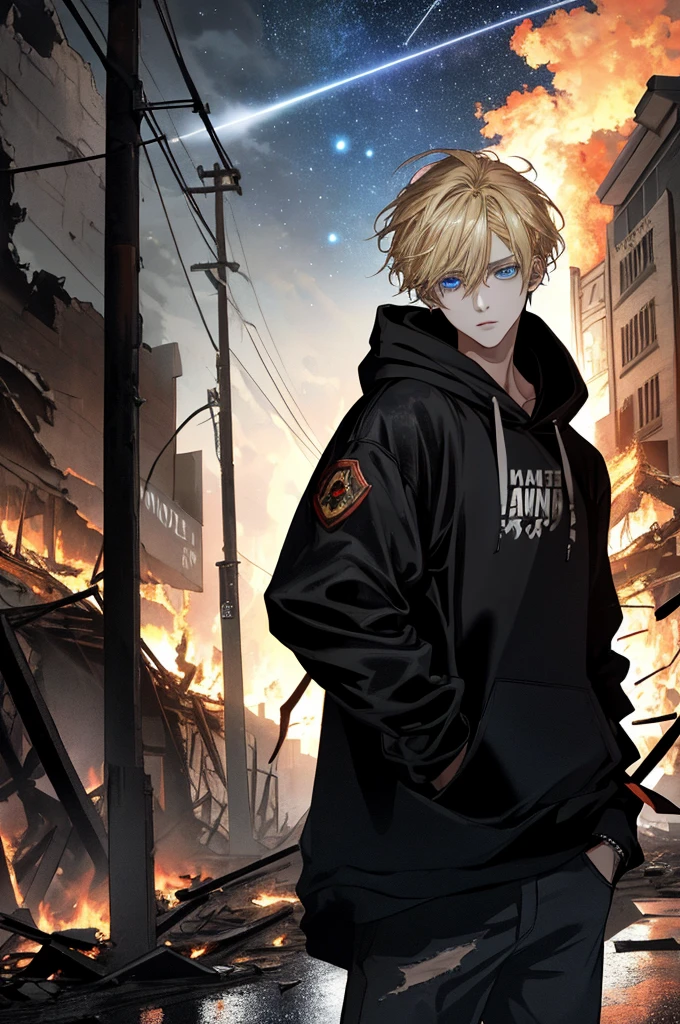 Masterpiece, High quality, absurderes, of a guy, Blonde hair, Detailed eyes and face, Blue eyes, Handsome face, Black hoodie, Burning town ruins, Abandoned suburban town, meteor shower, At night, chaos, Panic, Apocalyptic atmosphere, There were fires everywhere, Cracked roads, Burning flames, a hood on part of head, A figure with wings in the sky, Burning ruined houses, shattered wall, Burn cars,