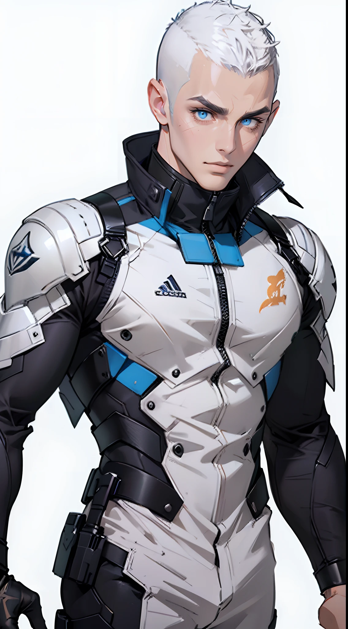 Handsome man , White hair , ((very Short hair:1.3)), ((crew cut hair style:1 )) , Blue eyes , light skin , ((muscular:1)),masculine ,((hair shaved on the sides:1.3)) ,age 28,


(masterpiece:1.3), (best quality:1.3), high-resolution, watercolor pencil, Head-on angle, upper body, Body facing forward, (upright:1.3), (arms at sides:1.3), solo, blue eyes, beautiful detailed eyes, Futuristic clothing, mechanical suit, (white background:1.2), simple background, concept art, shadowlighting,

(masterpiece, best quality:1.3),beautiful detailed glow,best illuminate,(((best quality,textile shading,ultra detailed))),extremely detailed CG unity 8k wallpaper,Highly Detailed beautiful and aesthetic,best light,high resolution,detailed,dynamic lighting , 1Character ,  pastel washed out colors , cell shade , soft, muted shades ,gentle colors ,