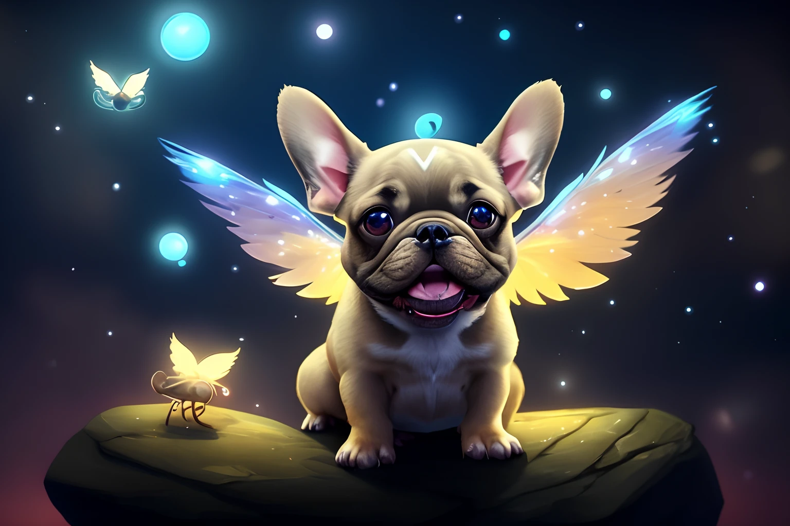 a close up of a happy smiling french bulldog puppy with wings sitting on a rock, adorable digital painting, cute digital art, cute detailed digital art, cute anthropomorphic dog, adorable glowing creature, cute forest creature, cute creature, cute little creature, cute character, cute creatures, cute 3 d render, cozy night fireflies, cute cartoon character, dream animal cute eyes