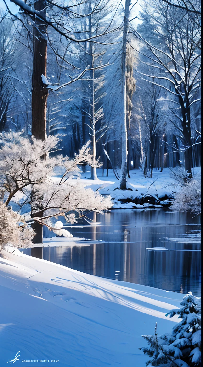 (best quality,4k,8k,highres,masterpiece:1.2),ultra-detailed,realistic:1.37,dreamy ice and snow world,frosty landscape,ethereal snow-covered trees,misty winter scenery,fairy tale-like atmosphere,winter wonderland,magical ice formations,shimmering frozen lake,glowing northern lights,pristine white snowflakes,subtle shades of blue,soft diffused light,crisp clean air,serene stillness,tranquil ambiance,icy crystals glistening,hints of frost on branches,delicate snowflakes falling gently,whispering winds,sublime picturesque view,dazzling winter spectacle