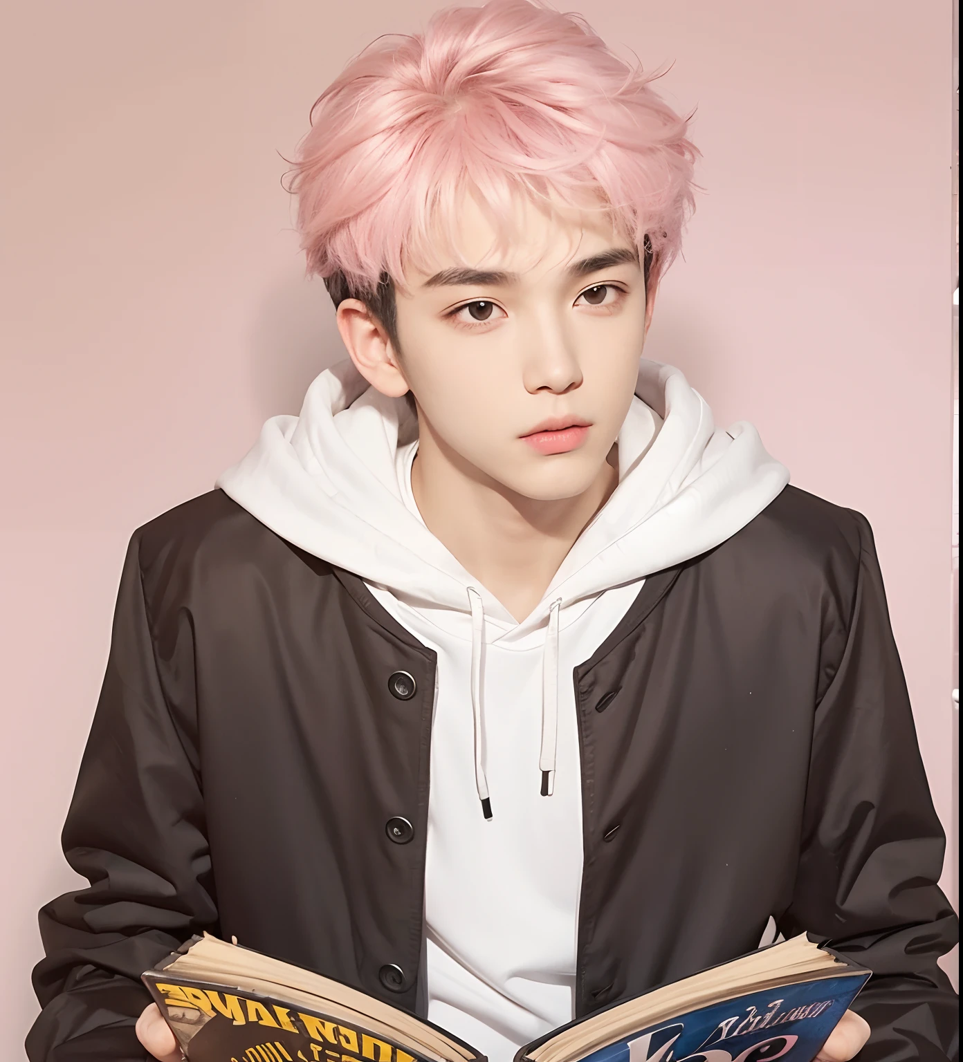 A teenage boy with realistic pink and black hair, realistic thin black hair, exactly the same hairstyle, realistic handsome face, realistic cool expression,Adapt the exact same clothes, realistic black and white hoodie,Realistic light, realistic shadows, realistic background, Holding a realistic book