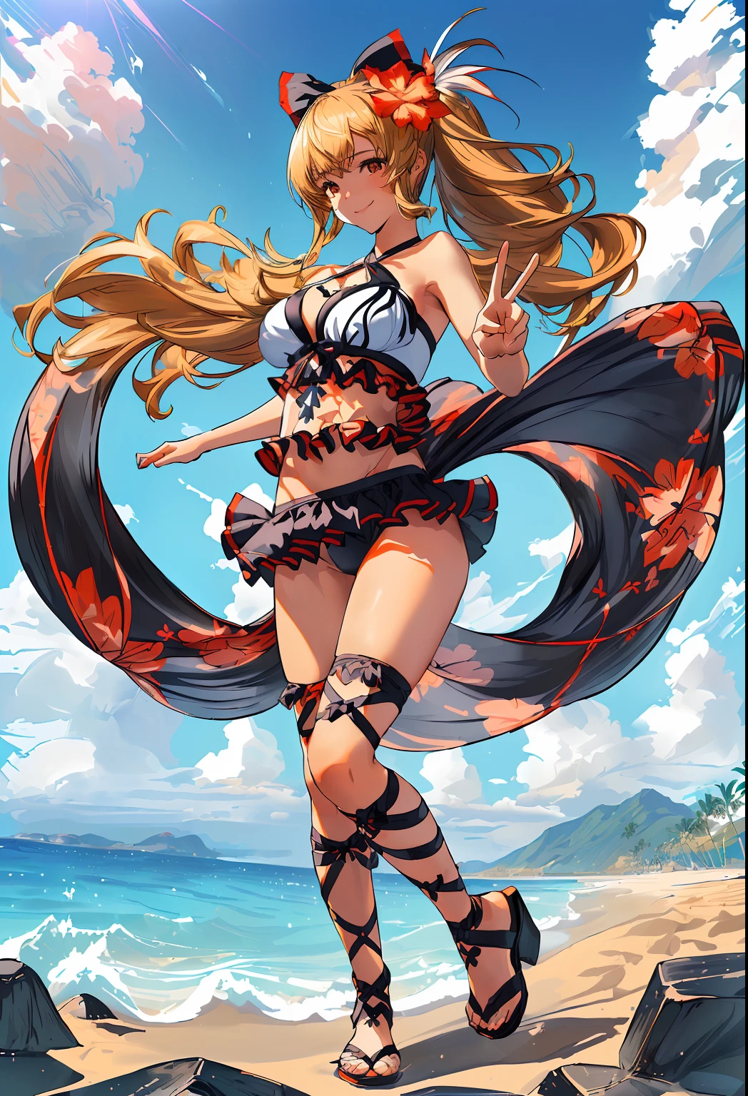 masterpiece, highly detailed, medium shot, centered, 1girl, (medium breast:1.5), dynamic pose, shy smile, peace sign, ViraSummer, long hair, ponytail, black bow, hair flower, white bikini, halterneck, frills, cross-laced footwear, cute, beach background, (epic composition, epic proportion), volumetric lighting, HD,
