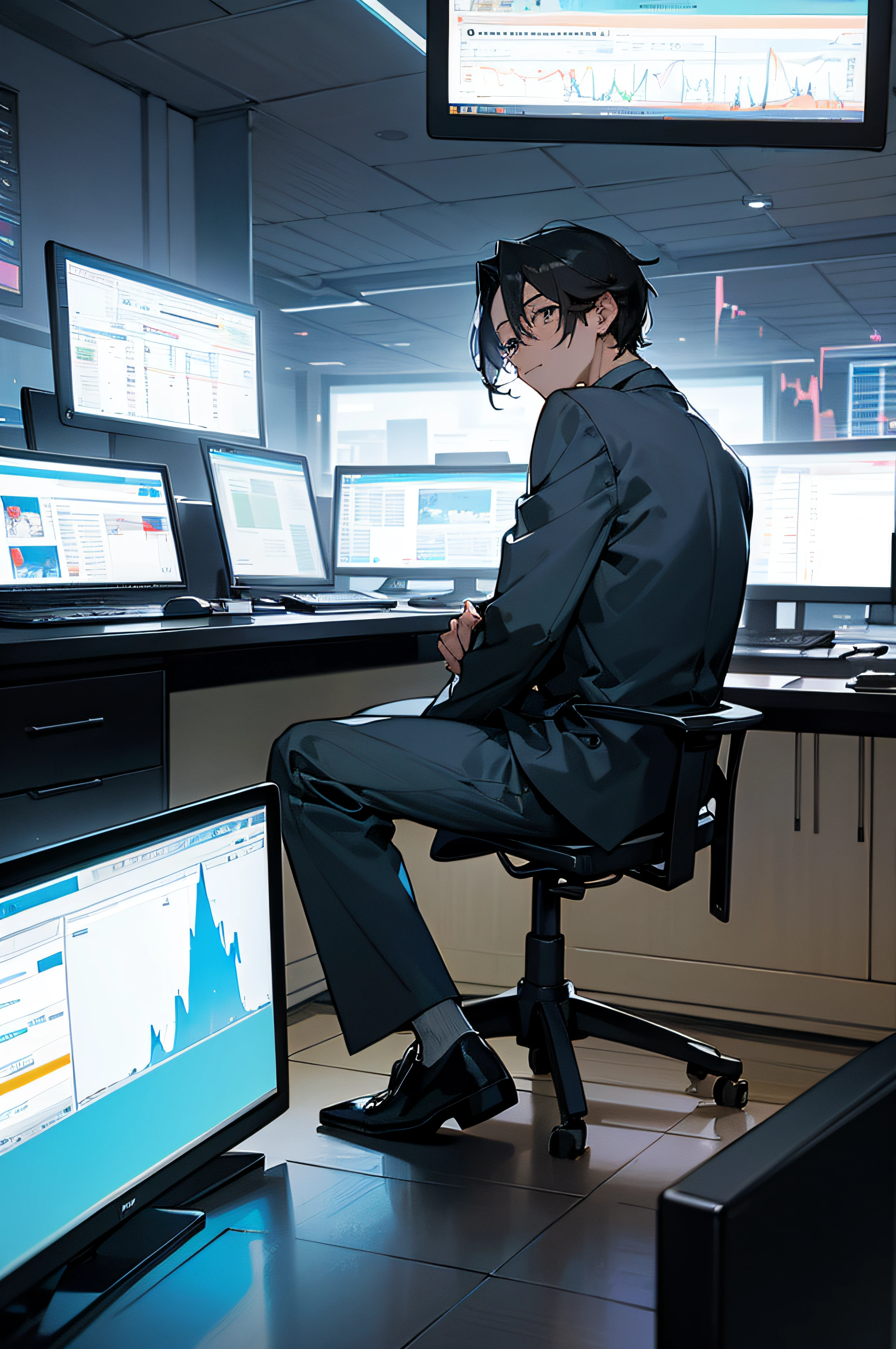 There's a man sitting at a desk with two computer monitors, sitting at a computer, sitting in front of the computer, looking at the monitor, displaying stock charts, sitting at a computer desk, in front of a computer, trading, trading stocks,