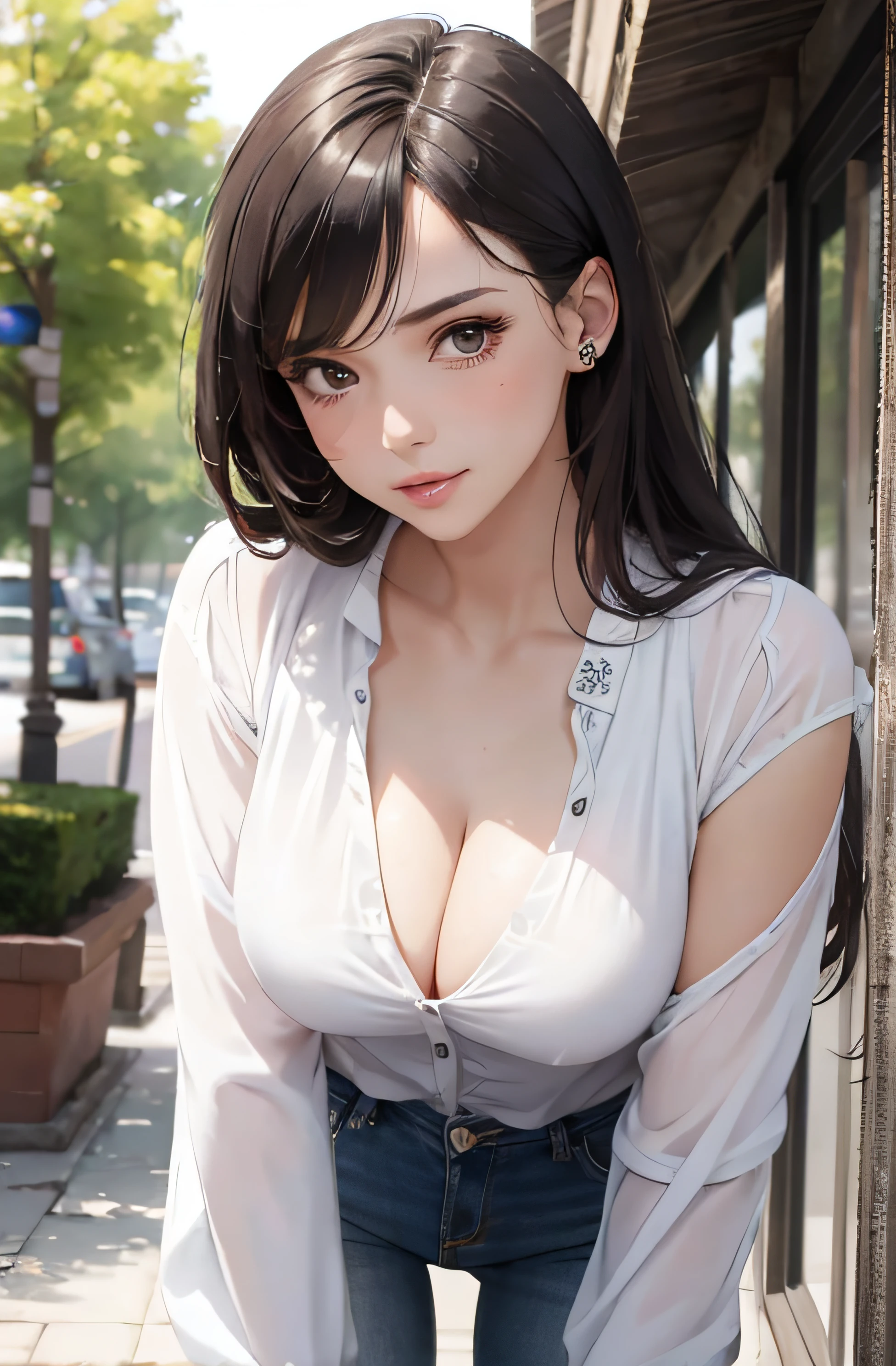 girl in summer clothes, white blouse, jeans, making as if she wants to kiss you, (girl bending down looking at camera), medium breasts, cleavage, random background, flirtatious look, ((very detailed)), (perfectly detailed face), (well detailed hand) photorealistic image.