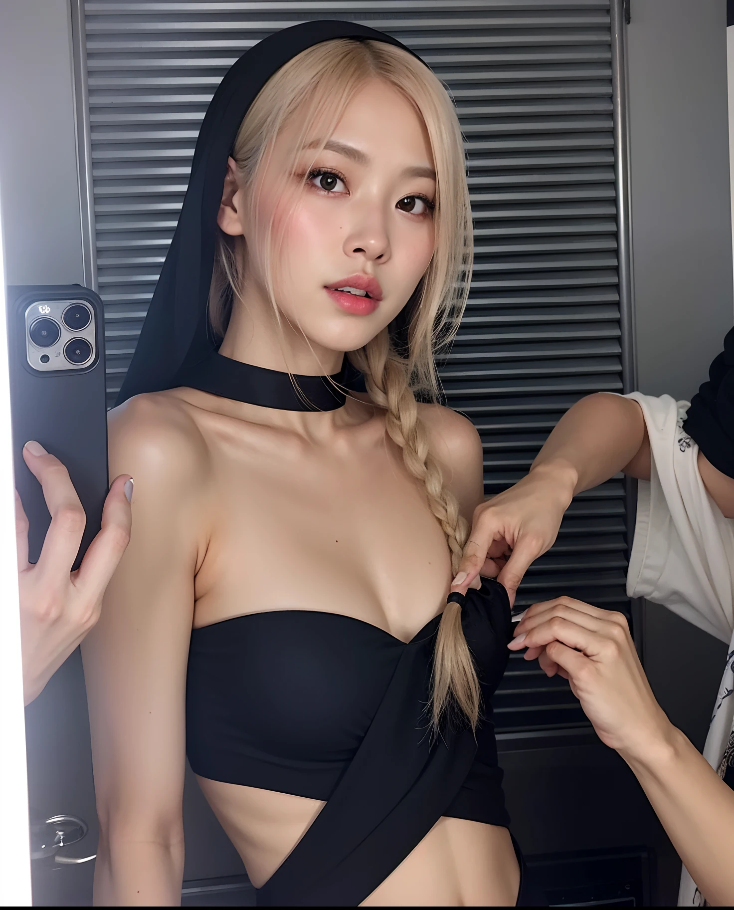Araffed woman in a black dress is getting her hair braided, Shikami, Bem Modelo de Moda, Deusa japonesa, revelando roupas, linda Delphine, Parque Roseanne do Blackpink, Sha Xi, japanese model, cruel korean goth girl, 韓国アイドル, Jaeyeon Nam, Roupa aberta v peito, menina coreana, young skinny gravure idol, jia
