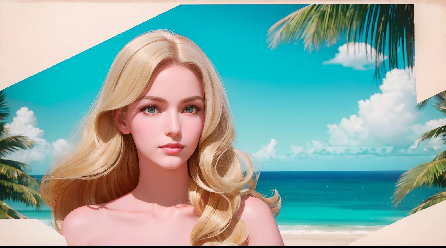 Art deco style poster featuring an elegant, poised blonde woman, her hair cascading in perfect waves, complexion as pure as fresh snow, in the suggestive tropical milieu of Cuba, coconut palms swaying in the distance, vintage pastels, high contrast, glossy texture, Havana vibes, 1950s fashion, ultra clear, feminine allure, sharp edges, geometric patterns, nostalgia-kissed colors