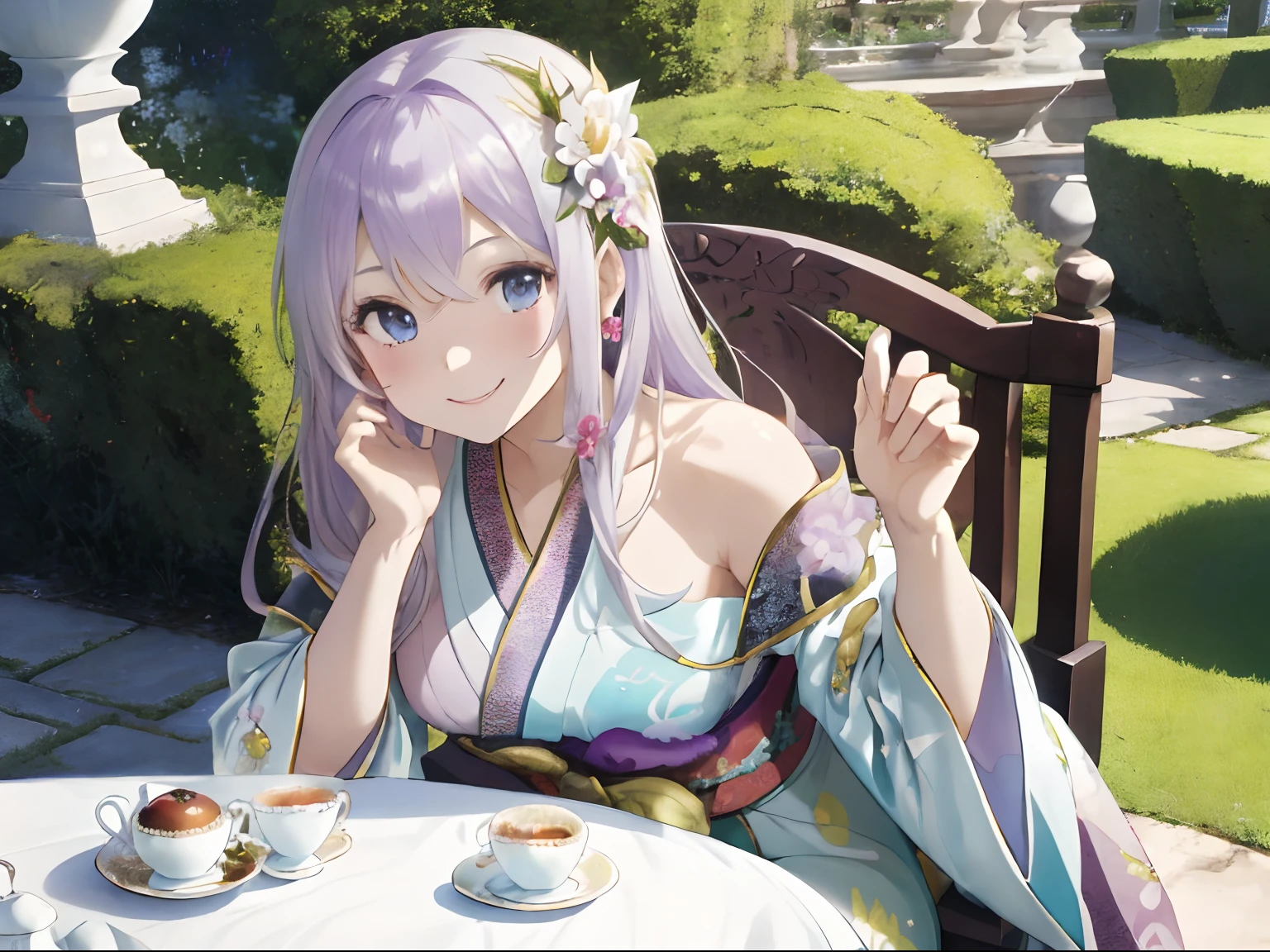 colorful flower々Botanical Gardens in Full Bloom,White Luxurious Garden Palace (White Luxurious Garden Palace),Garden table and chairs with sculptures,Fluffy pale golden hair,Eyes pale purple,Kimono with white, yellow, Light purple and light blue,Kimono,Komono,Shawl made of translucent material on the shoulders,AHE Face,red tide,Nipple protrusions,Pleasant look,Smile on his face,Tea time sitting gracefully in a chair,Luxurious beautiful teacups and tea,afternoon tea,Sweets such as macarons and cakes