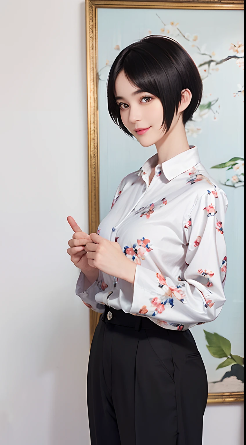 92
(a 20 yo woman,is standing), (A hyper-realistic), (masutepiece), ((short-hair:1.46)), (Smooth black hair), (Breast:1.0), wear long pants, (Wearing a long-sleeved shirt with a floral print), (painterly、picture frame), (kindly smile), (Keep your mouth shut)