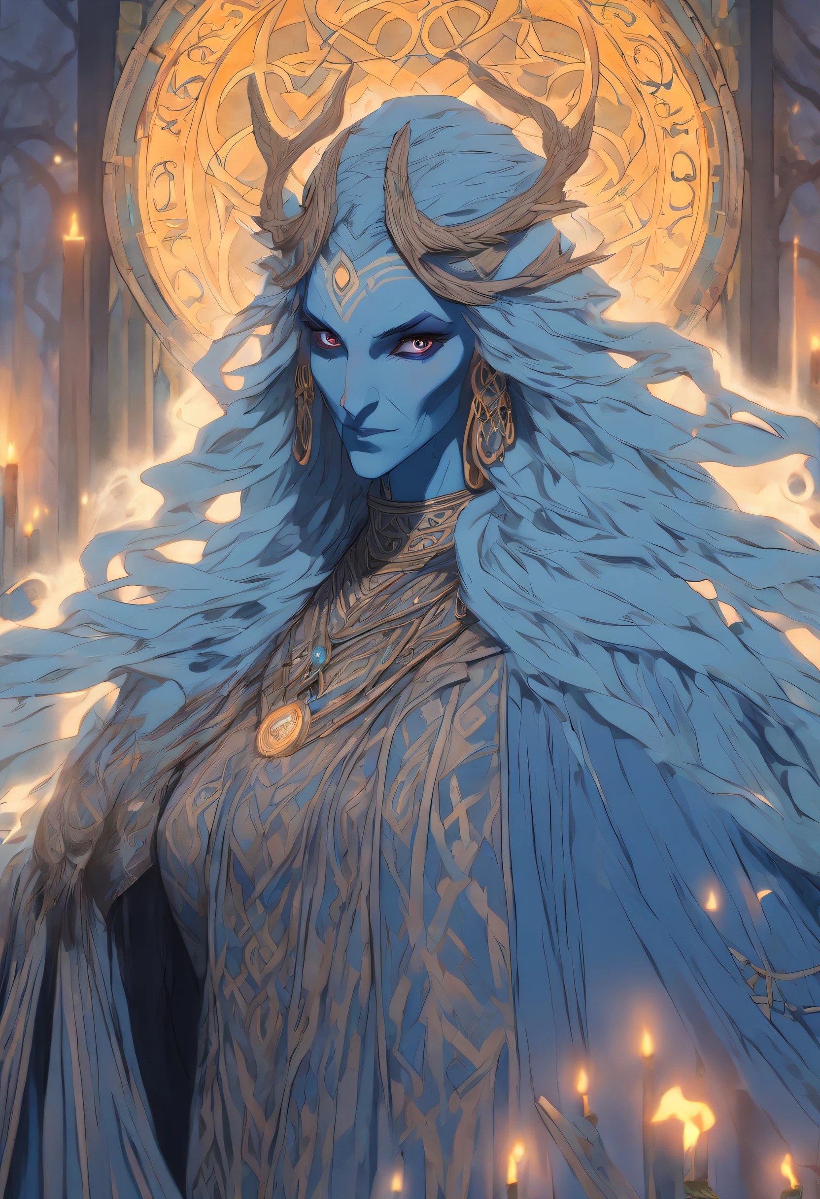 (((CAILLEACH))) best quality, ultra-high resolution, 4K detailed CG, master piece,Celtic goddess,cold,Goddess of cold ,Celtic clothing,Celtic mythology, ((Goddess of cold)) , Celtic image, aesthetic, centered on screen