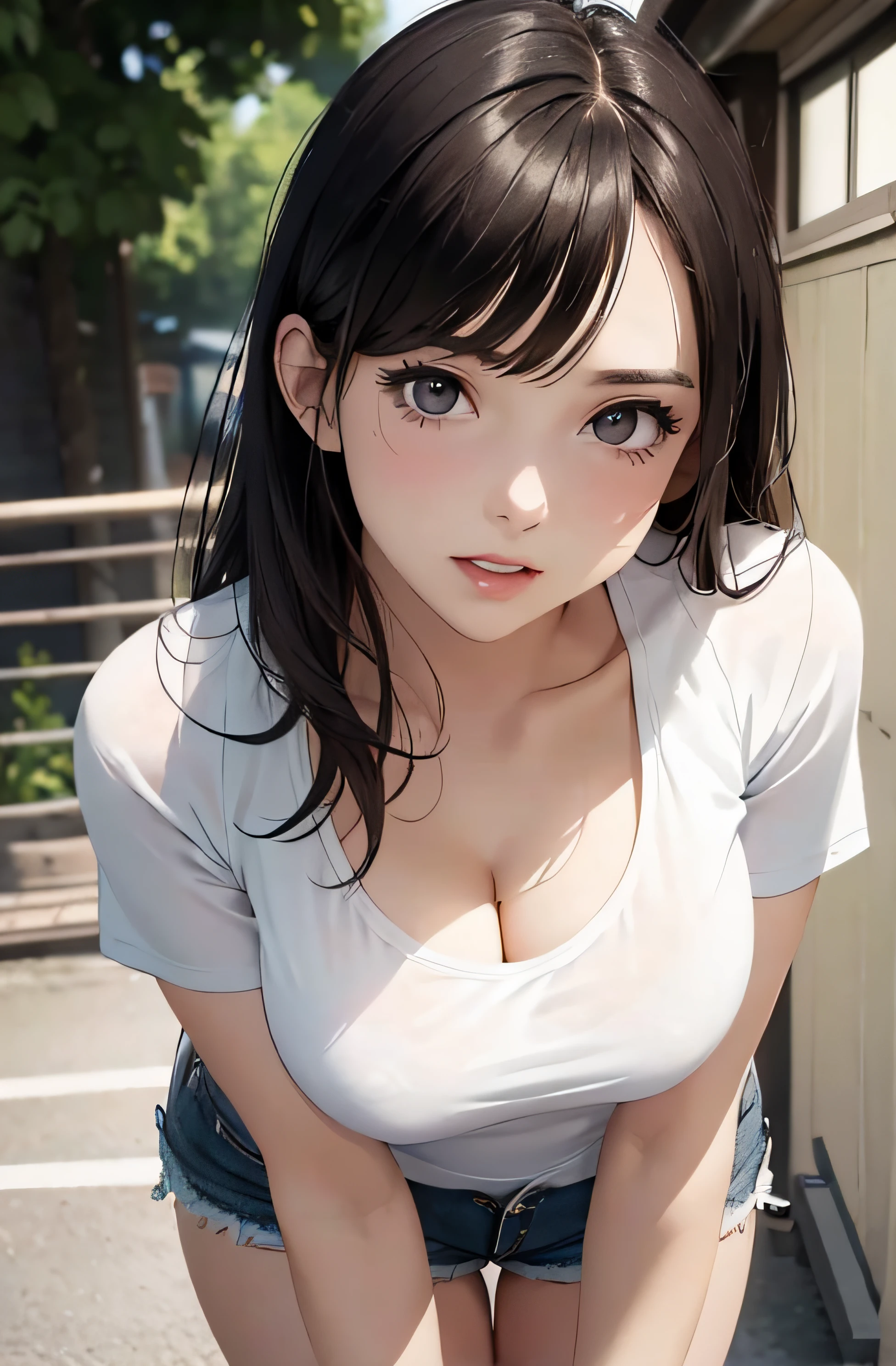 girl in summer clothes, white t-shirt, bikini bottom, pantyhose or long stockings, making as if she wants to kiss you, (girl bending down looking at the camera), medium breasts, cleavage, random background, flirtatious look, ((very detailed)), (perfectly detailed face), (well detailed hand) photorealistic image.