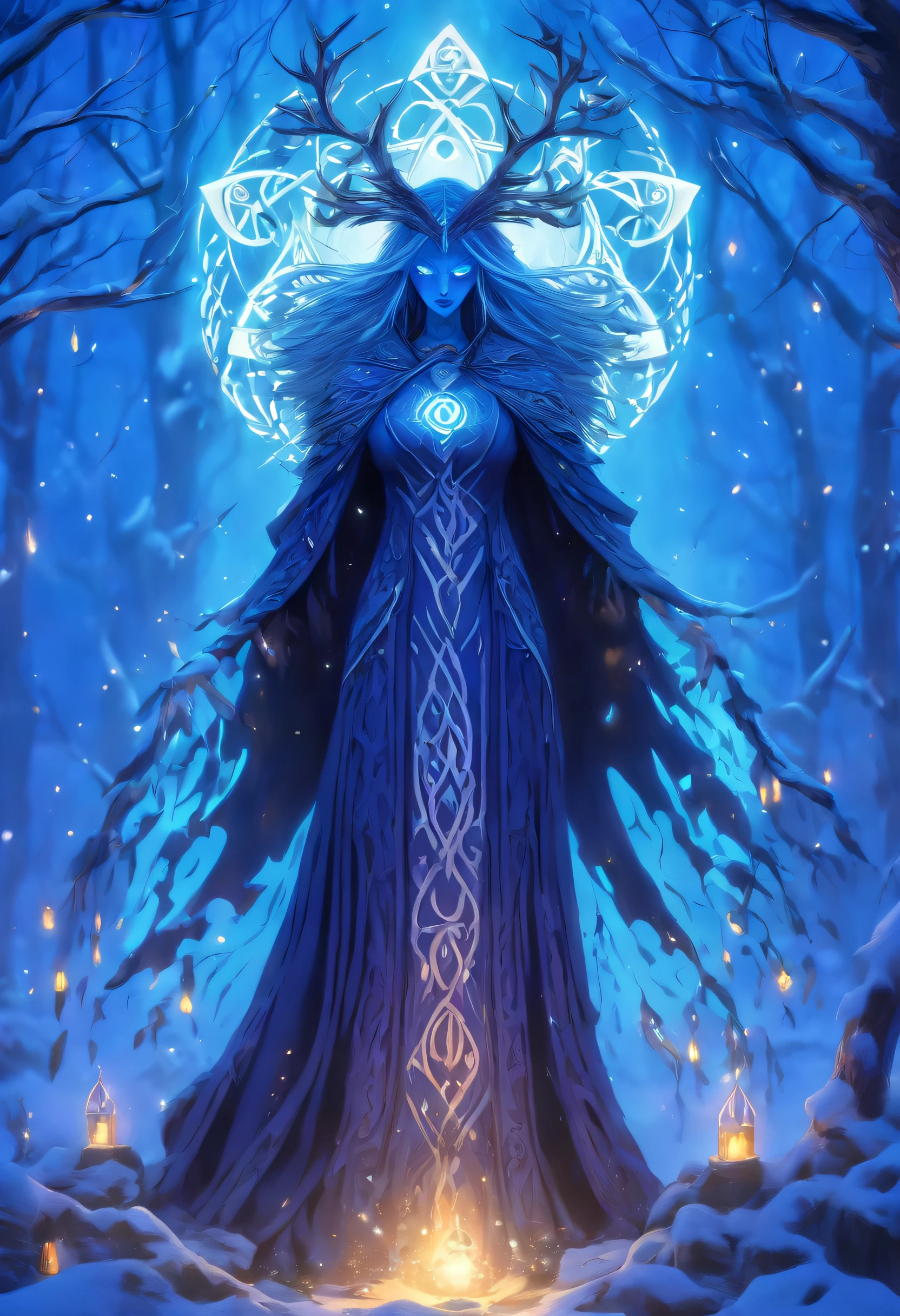 (((CAILLEACH))) best quality, ultra-high resolution, 4K detailed CG, master piece,Celtic goddess,cold,Winter goddess ,Celtic clothing,Celtic mythology, ((Goddness Cold)) , Celtic image, aesthetic, centered on screen