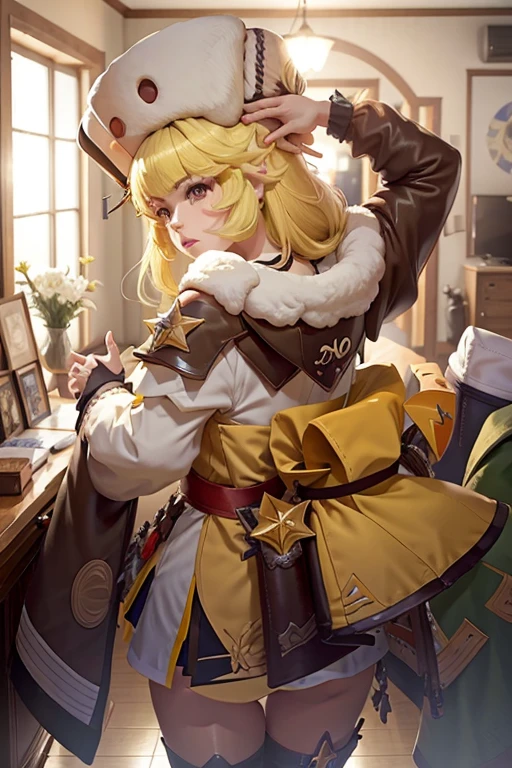 1 garota sozinha Hook (Honkai Star Rail), solo, casa, interior, blonde hair, cabelo curto, olhos amarelos, fur hat, very cute expression, pernas grossas e curtas, rosto bem detalhado, raidenshogundef, raidenshogunrnd, bumbum, fundo um quarto e uma cama, backview