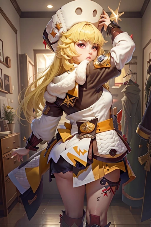 1 garota sozinha Hook (Honkai Star Rail), solo, casa, interior, blonde hair, cabelo curto, olhos amarelos, fur hat, very cute expression, pernas grossas e curtas, rosto bem detalhado, raidenshogundef, raidenshogunrnd, bumbum, fundo um quarto e uma cama, backview