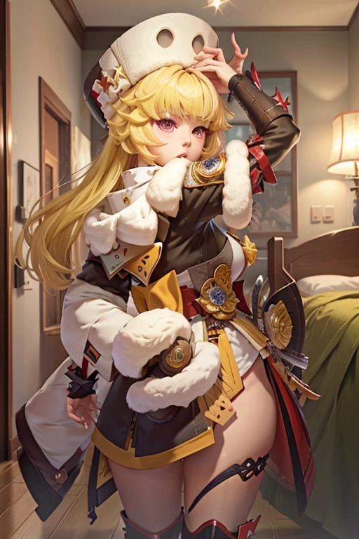 1 garota sozinha Hook (Honkai Star Rail), solo, casa, interior, blonde hair, cabelo curto, olhos amarelos, fur hat, very cute expression, pernas grossas e curtas, rosto bem detalhado, raidenshogundef, raidenshogunrnd, bumbum, (fundo: um quarto com uma cama), noite, luzes, backview