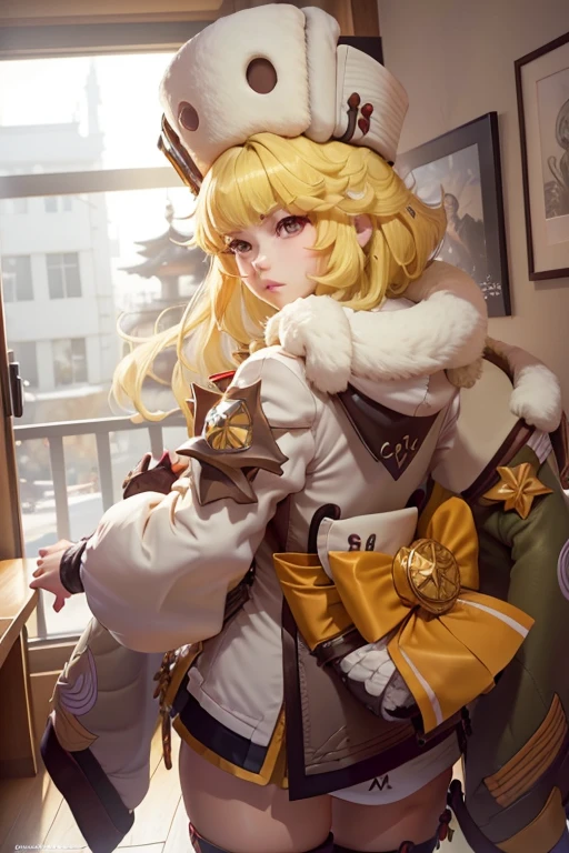 1 garota sozinha Hook (Honkai Star Rail), solo, casa, interior, blonde hair, cabelo curto, olhos amarelos, fur hat, very cute expression, pernas grossas e curtas, rosto bem detalhado, raidenshogundef, raidenshogunrnd, bumbum, (fundo: um quarto com uma cama), noite, luzes, backview