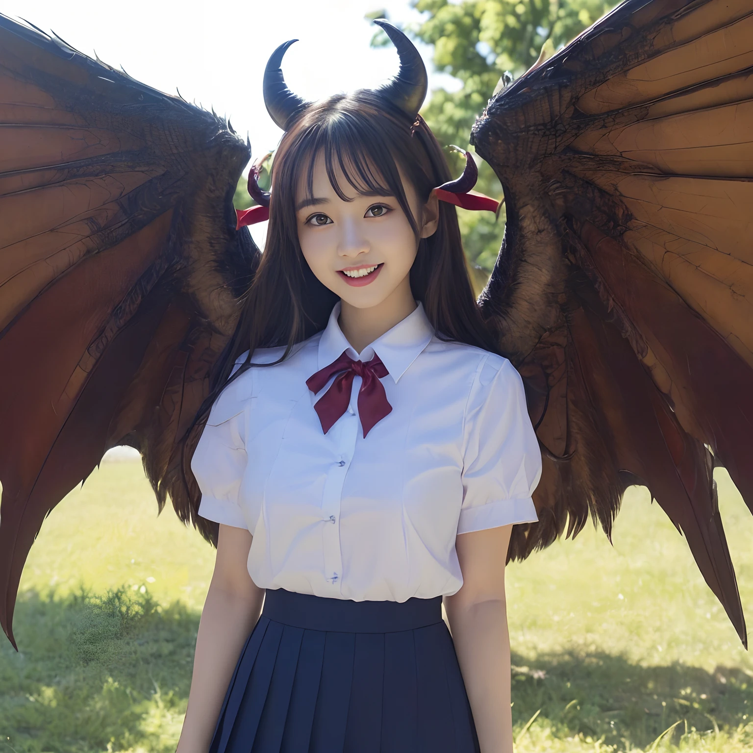 (((masutepiece、top-quality)))((1 schoolgirl、White short-sleeved shirt、Red ribbon on chest、Navy skirt、high-school uniform))、((Huge and intricate demon wings,Wings with a very elaborate texture,Wings with a very complex texture,Creature wings with a very realistic texture,Wings with the most exquisite texture、Perfectly reproduces the texture of creepy feathers、Very flaky and detailed wing texture、Wings of a terrifying monster,Terrible and ugly wings、The most terrifying wings、Wings with unimaginably complex textures、The most terrifying and creepy wings、Huge, Lumpy devil's horns、Corners of the most complex textures、Photorealistic Devil's Wings、Photorealistic Devil's Horns、The most terrifying devil's wings、Unimaginably terrifying wings、Big Devil's Horn,Realistic and big horns,Very complex and terrifying demon horns、Creepy horns,Horn with a very elaborate texture、Terrible and ugly horns、((The background is the route to school、Walking along the school route surrounded by nature、Walking on the way to school))、8K,An ultra-high picture quality,The most beautiful idol faces,Mature Face、The biggest smile staring at the camera、美丽的面容、Beautiful teeth、natural make up、Natural bright lighting、long、straight haired、Super Detail Wing、spectacular movie lighting、A slender、Emphasis on chest bulge、bulky, Complex wings
