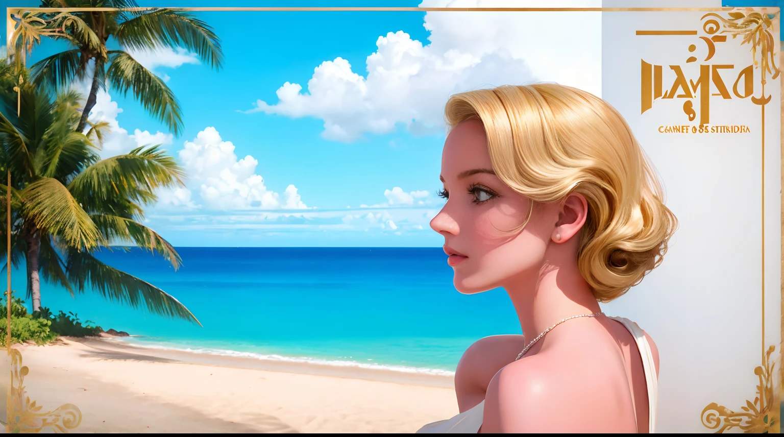 Art deco style poster featuring an elegant, poised blonde woman, her hair cascading in perfect waves, complexion as pure as fresh snow, in the suggestive tropical milieu of Cuba, coconut palms swaying in the distance, vintage pastels, high contrast, glossy texture, Havana vibes, 1950s fashion, ultra clear, feminine allure, sharp edges, geometric patterns, nostalgia-kissed colors