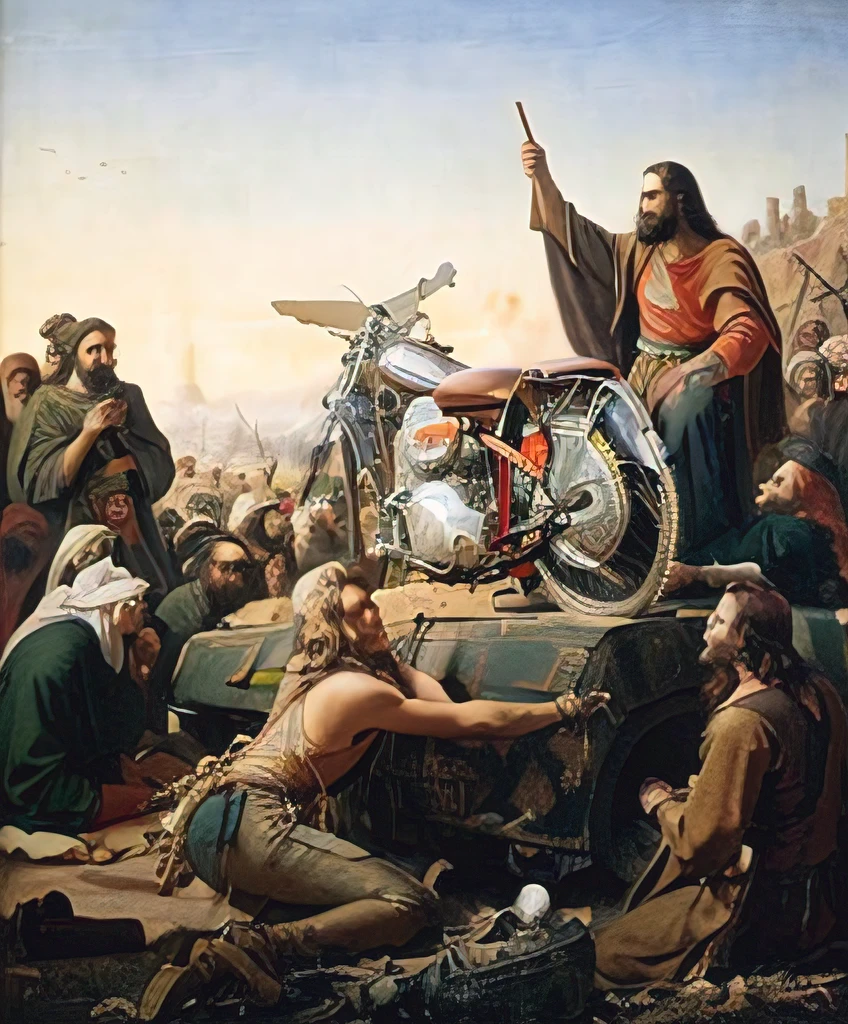Jesus with a crowd,There is a motorcycle in the center,Vintage motorcycles,Harley motorcycles,Painting by Alafid, Lambert Doummer(Lambert Doomer)of surrealist paintings, trending on reddit, auto-destructive art, epic biblical depiction, Biblical art style, wise man, Great masterpiece, brutal depiction, raptor jesus, biblical painting, Incredible masterpiece, wonderful masterpiece