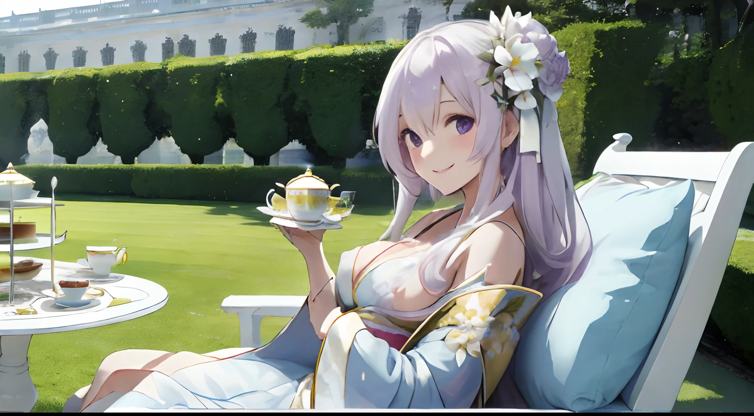 colorful flower々Botanical Gardens in Full Bloom,White Luxurious Garden Palace (White Luxurious Garden Palace) (White Luxurious Garden Palace (White Luxurious Garden Palace)),Garden table and chairs with sculptures,Fluffy pale golden hair,Eyes pale purple,Kimono with white, yellow, Light purple and light blue,Kimono,Komono,Shawl made of translucent material on the shoulders,AHE Face,red tide,Nipple protrusions,Pleasant look,Smile on his face,Tea time sitting gracefully in a chair,Luxurious beautiful teacups and tea,afternoon tea,Sweets such as macarons and cakes