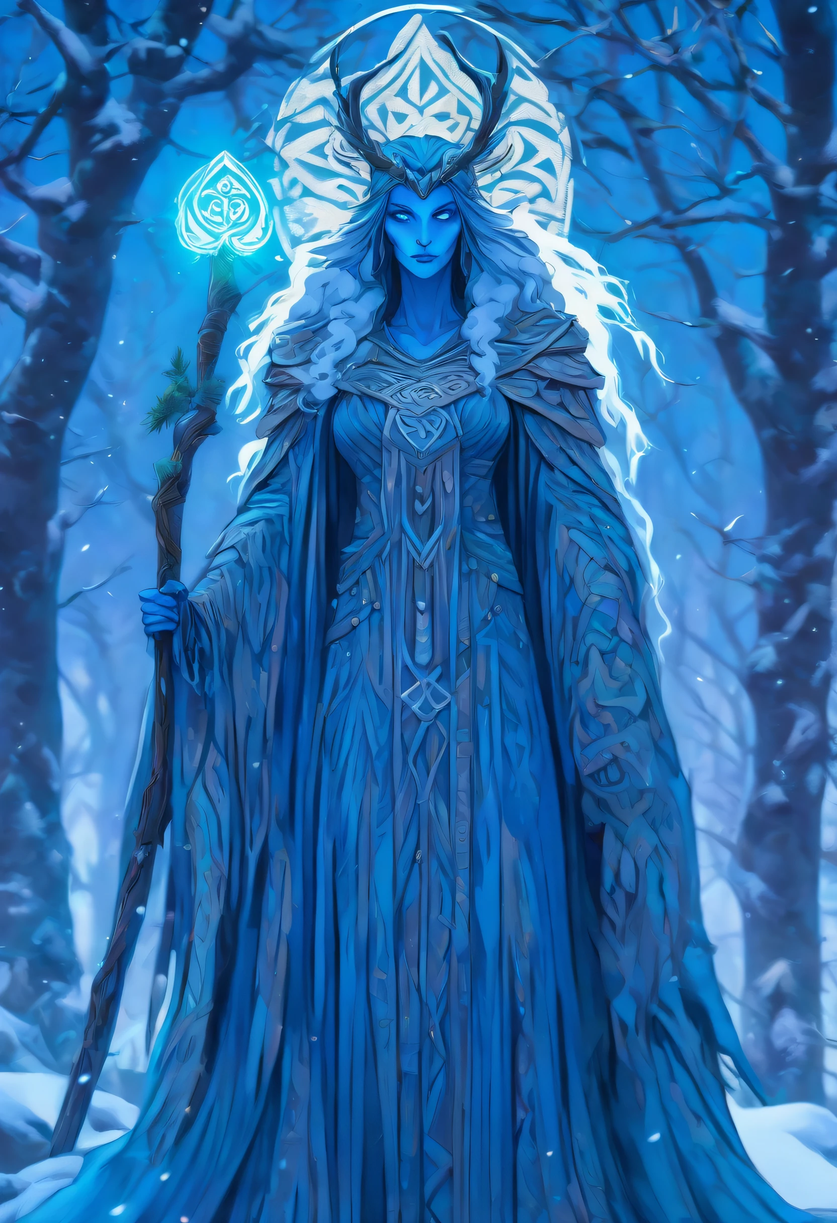 (((CAILLEACH))) best quality, ultra-high resolution, 4K detailed CG, master piece,Celtic goddess,cold ,Celtic clothing,Celtic mythology, ((Winter Goddess)) , Celtic image, aesthetic, screen-centered