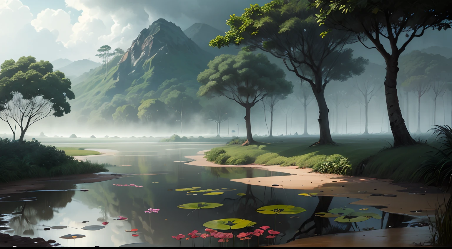 tempestade na floresta tropical, with mist, wet rain vegetation, clouded skies, and a very small pond with a few trees around it