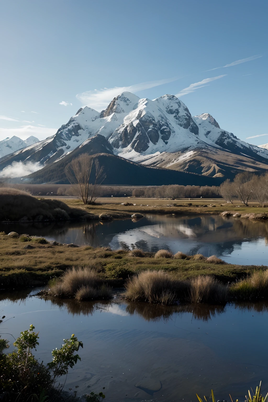 Snowy Mountains, Swamp, Jungle, Water, Small island, realistic, small ground area in lower part of picture