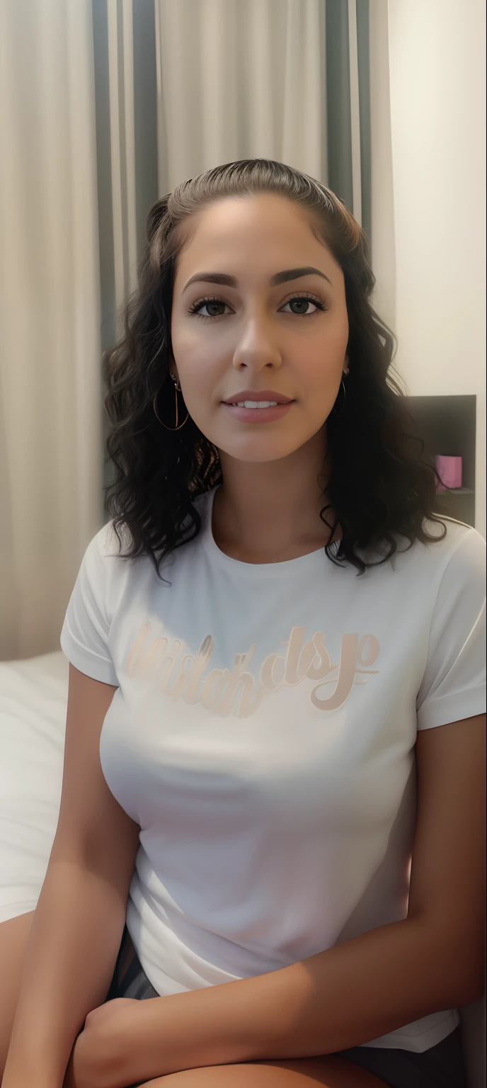 there is a woman sitting on a bed with a white shirt, em torno de 1 9 anos, Alanis Guillen, Parece Fabiula Nascimento, ela tem cerca de 1 6 anos de idade, com longos cabelos cacheados, com cachos, curly middle part haircut, com cacheado longo, cerca de 20 yo, cabelo encaracolado preto, cabelos cacheados e curtos