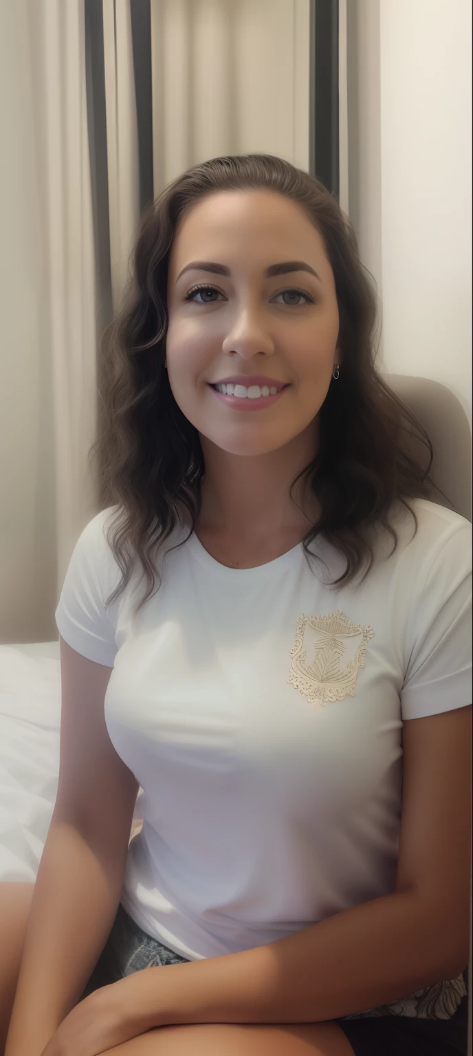 there is a woman sitting on a bed with a white shirt, em torno de 1 9 anos, Alanis Guillen, Parece Fabiula Nascimento, ela tem cerca de 1 6 anos de idade, com longos cabelos cacheados, com cachos, curly middle part haircut, com cacheado longo, cerca de 20 yo, cabelo encaracolado preto, cabelos cacheados e curtos