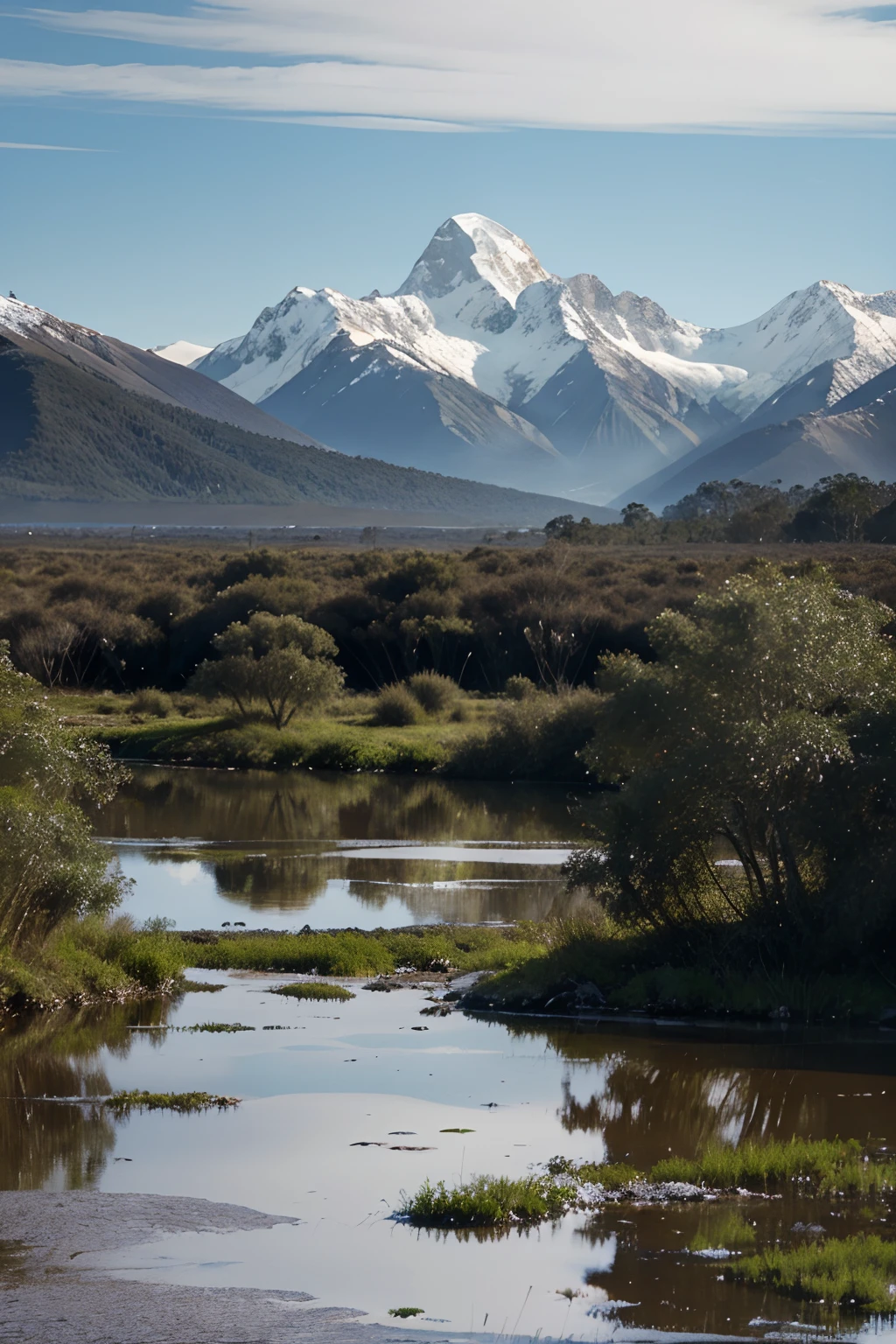 Snowy Mountains, Swamp, Jungle, Water, Small island, realistic, solid ground area in lower part of picture