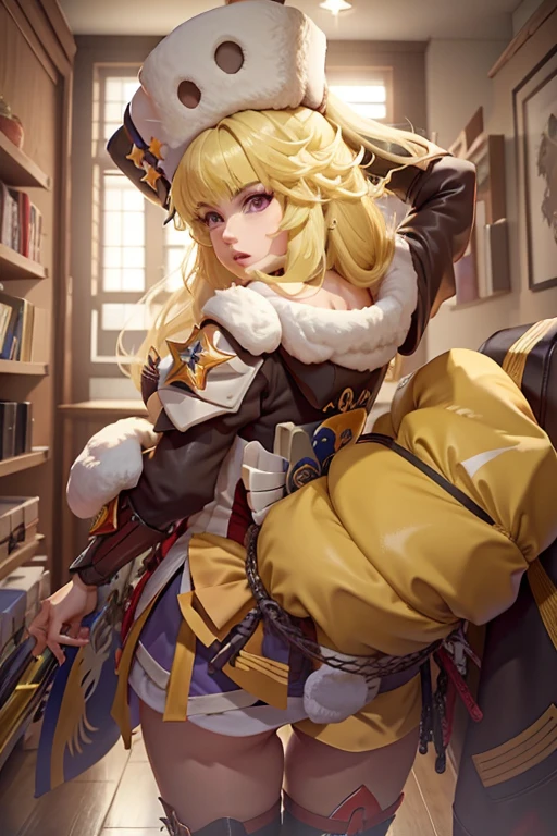 1 garota sozinha Hook (Honkai Star Rail), solo, casa, interior, blonde hair, cabelo curto, olhos amarelos, fur hat, very cute expression, pernas grossas e curtas, rosto bem detalhado, raidenshogundef, raidenshogunrnd, bumbum, (fundo: um quarto com uma cama), noite, luzes, backview