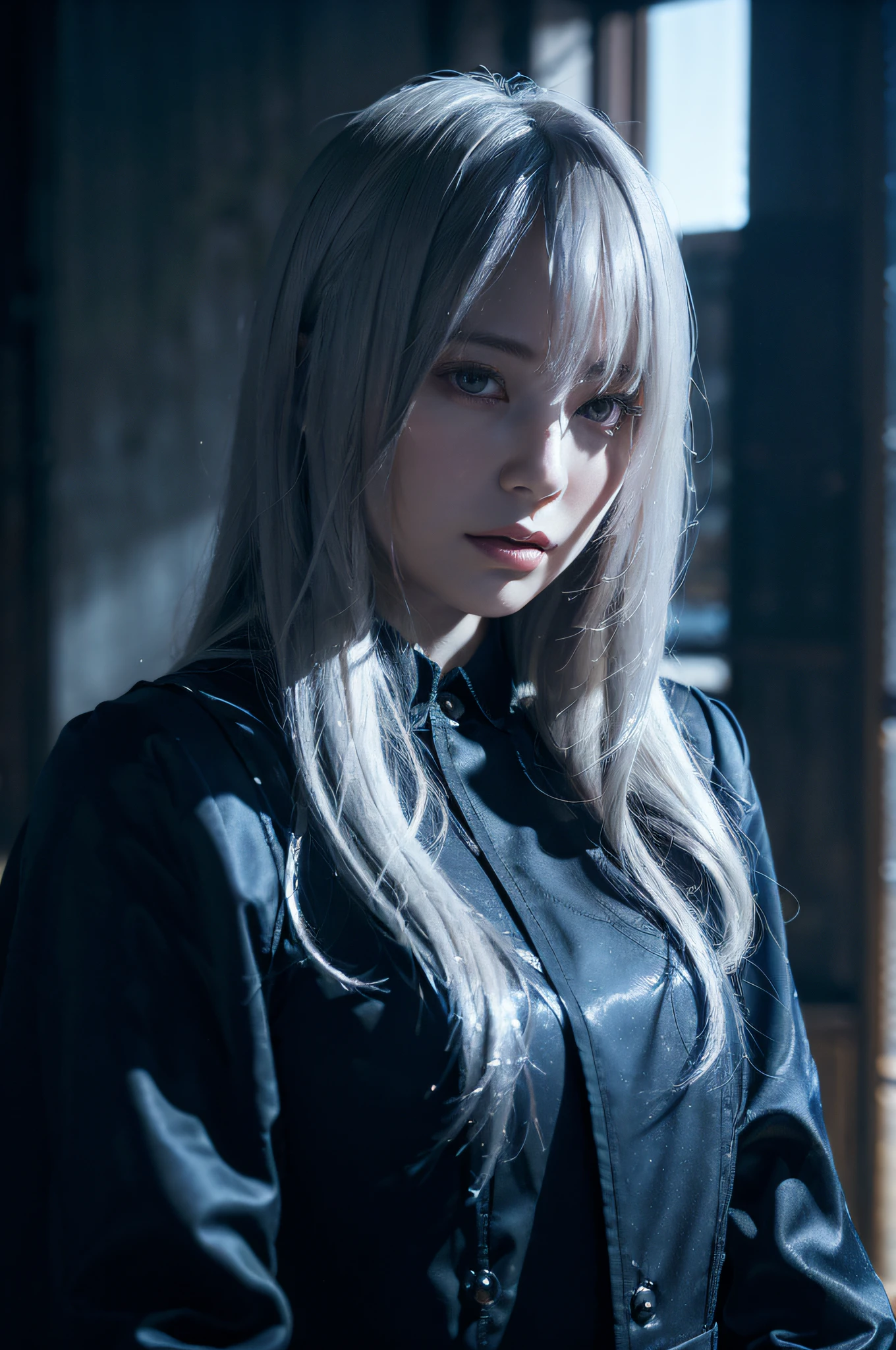 (Fantasy Art Photo, Realistic Photo, 1Girl in the Dark, Dreamy Face, Deep Shadows, Understated Luxury, Poster Style, 4K) + (Detailed face, dynamic lighting, dark texture, formal (wearing formal wear: 1.4), long white hair, denim photo) + (Gorgeous volume lighting, full of surreal artistic sense)