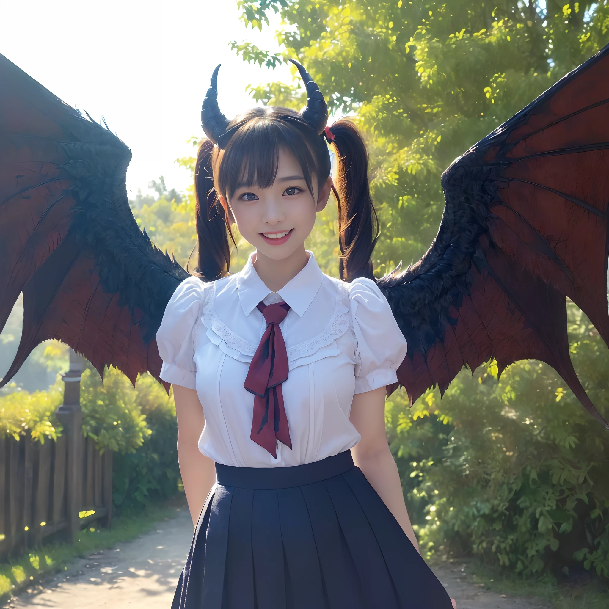 (((masutepiece、top-quality)))((1 schoolgirl、White short-sleeved shirt、Red ribbon on chest、Navy skirt、high-school uniform))、((Huge and intricate demon wings,Wings with a very elaborate texture,Wings with a very complex texture,Creature wings with a very realistic texture,Wings with the most exquisite texture、Perfectly reproduces the texture of creepy feathers、Very flaky and detailed wing texture、Wings of a terrifying monster,Terrible and ugly wings、The most terrifying wings、Wings with unimaginably complex textures、The most terrifying and creepy wings、Huge, Lumpy devil's horns、Corners of the most complex textures、Photorealistic Devil's Wings、Photorealistic Devil's Horns、The most terrifying devil's wings、Unimaginably terrifying wings、Big Devil's Horn,Realistic and big horns,Very complex and terrifying demon horns、Creepy horns,Horn with a very elaborate texture、Terrible and ugly horns、((The background is the route to school、Walking along the school route surrounded by nature、Walking on the way to school))、8K,An ultra-high picture quality,The most beautiful idol faces,The biggest smile staring at the camera、Happy smiling face、Pregnant、美丽的面容、Beautiful teeth、natural make up、Natural bright lighting、Twin-tailed、Beautiful twin tails、straight haired、Super Detail Wing、spectacular movie lighting、A slender、Emphasis on chest bulge、bulky, Complex wings