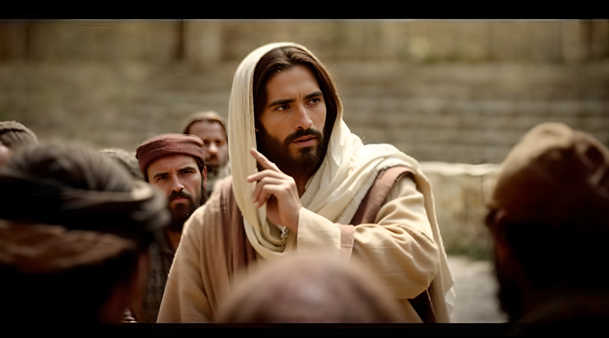 Modern Portrait of Jesus Speaks to the Disciples, cinematic lighthing, profundidade de campo, Bokeh, Realismo, fotorrealista, hiper-realismo, fotografia profissional, UHD, DSLR, HDR