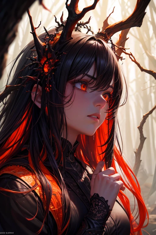 best quality,4k,8k,highres,masterpiece:1.2,ultra-detailed,realistic:1.37, HDR,studio lighting,ultra-fine painting,sharp focus,physically-based rendering,extreme detail description,professional,vivid colors,bokeh, portraiture,nightmare,expressive contours,fantastical,ethereal,haunting,dark color palette,dramatic lighting,erotica, tense atmosphere,conflict, psychological struggle,fear and desire,volcanic eruption,intricate forest, fiery red and orange, twisted limbs,multiple arms,long flowing hair,natural surroundings,magical aura,thick dark smoke,captivating eyes, detailed facial expression,innocence and vulnerability,closeness and intimacy,emotional tension,subtle glows and highlights,extreme contrasts,dramatic shadows,centered composition,visual beauty and frightening elements
