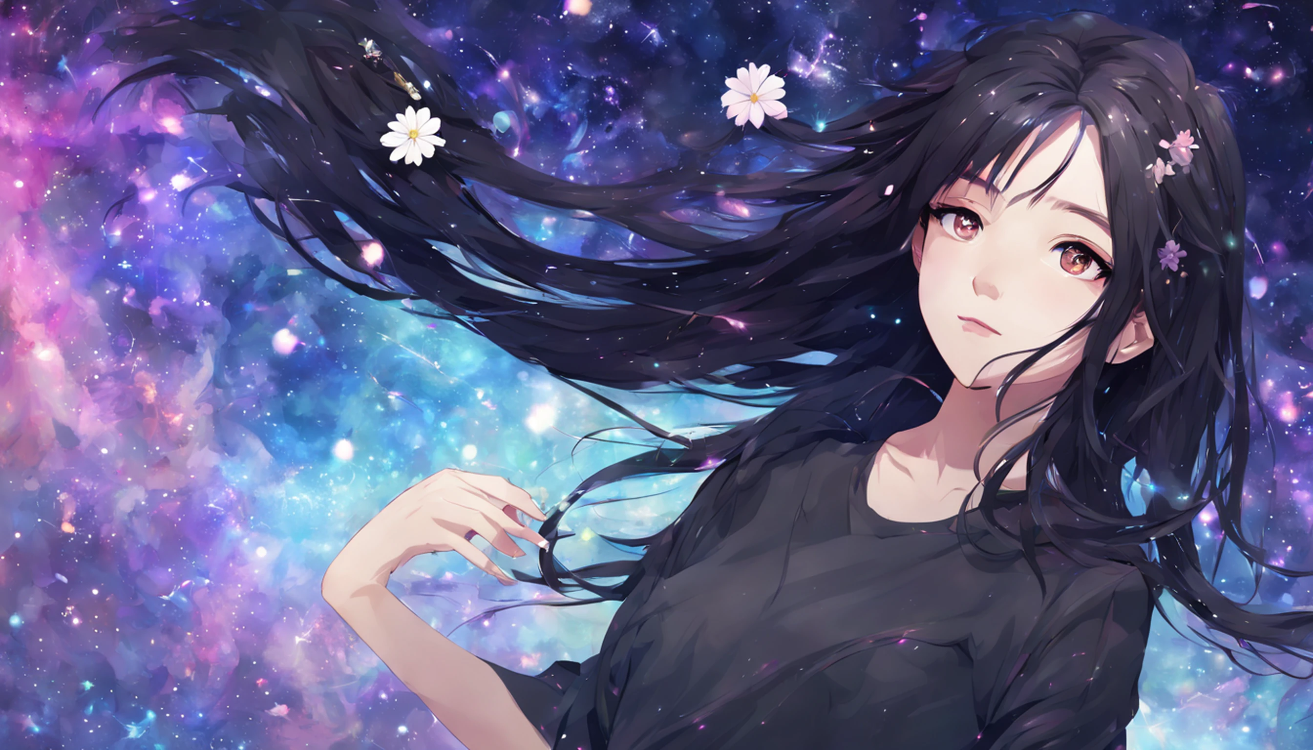 (best quality, masterpiece), 1girl, pose, particle, wind, flower, upper body, simple background, looking at viewer, black wildly hair, cosmic, nebulas, galaxy