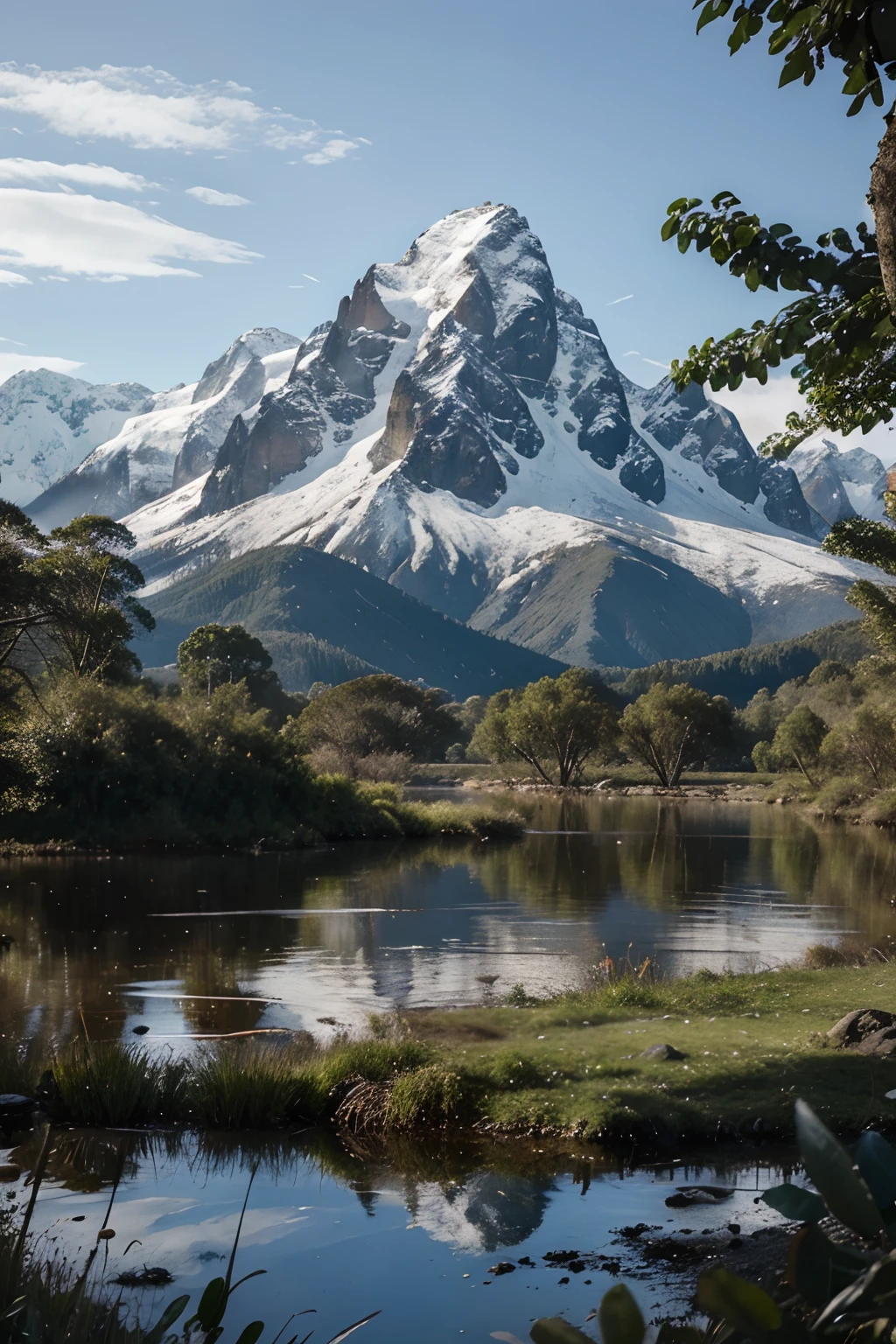 Snowy Mountains, utopian Swamp, Jungle, Water, Small island, realistic, solid ground area in lower part of picture